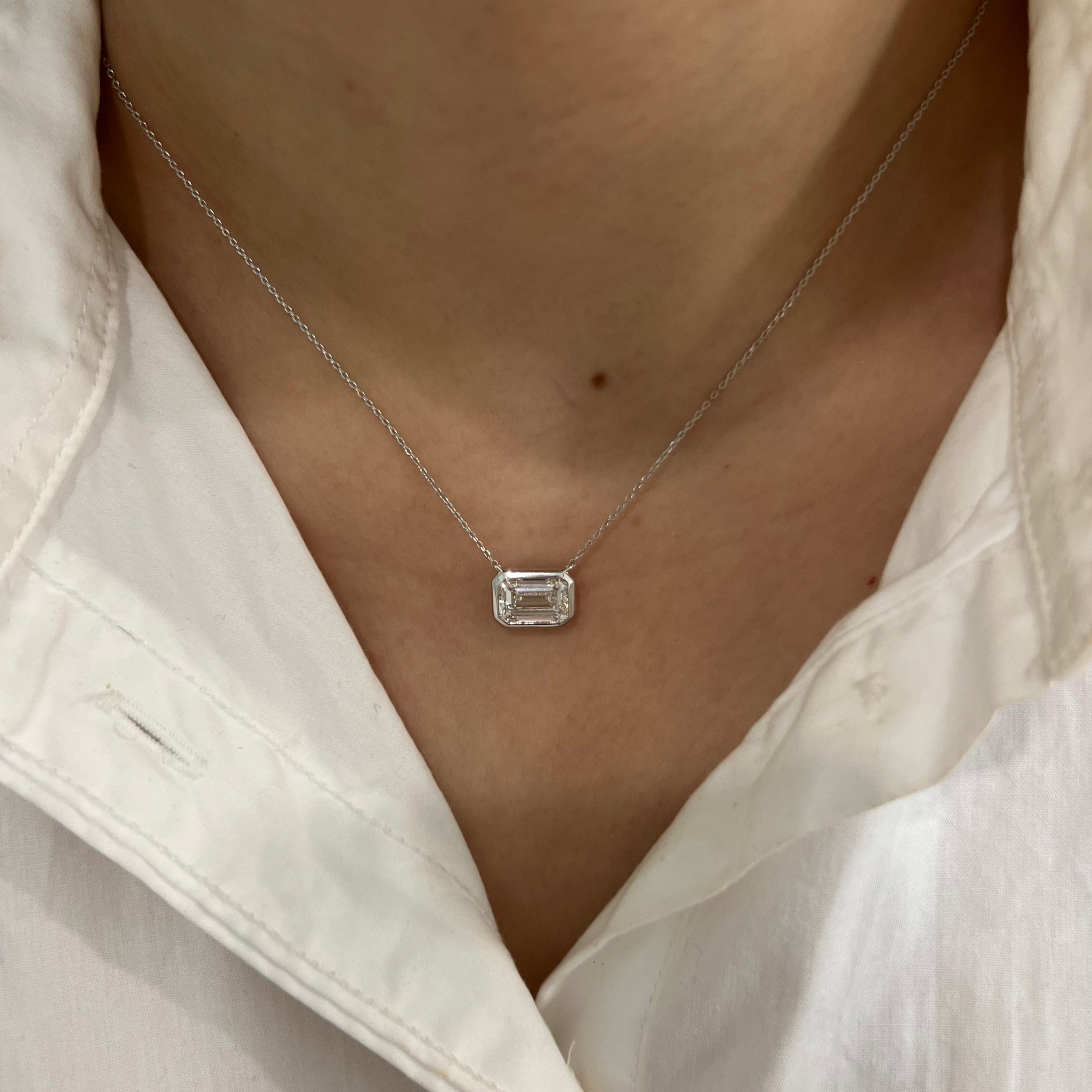 Bezel Set 3ct Emerald Diamond Necklace