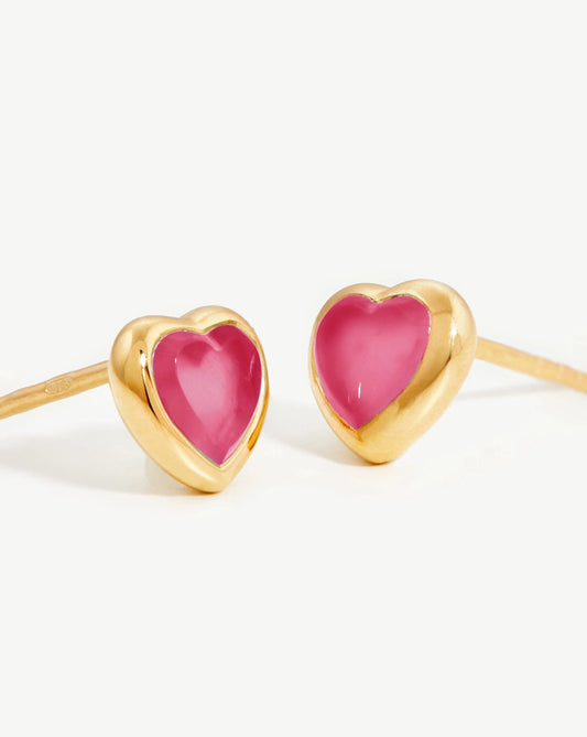 14k Pink Enamel Puff Heart Earrings