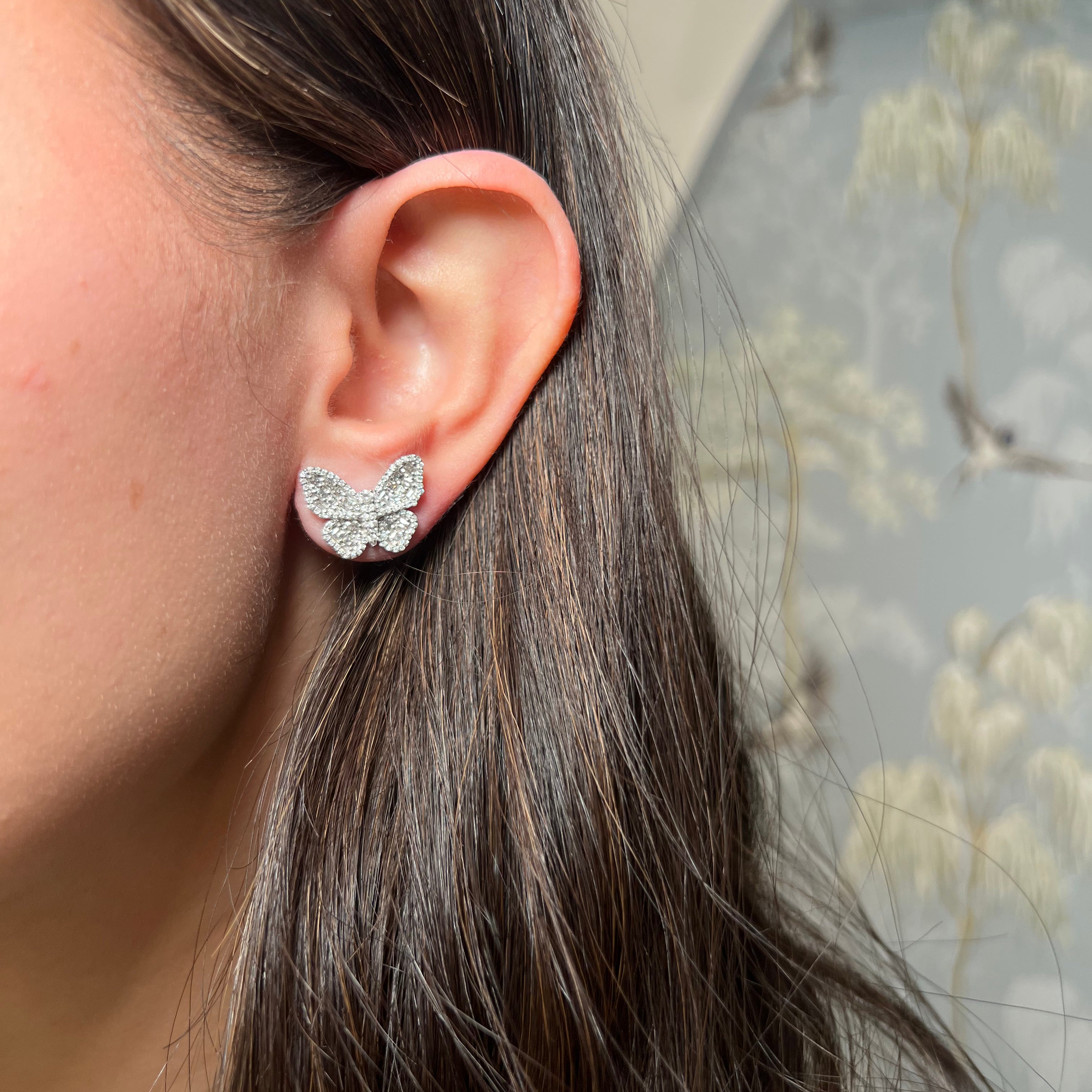 14k White Gold Butterfly Baguette Diamond Earrings