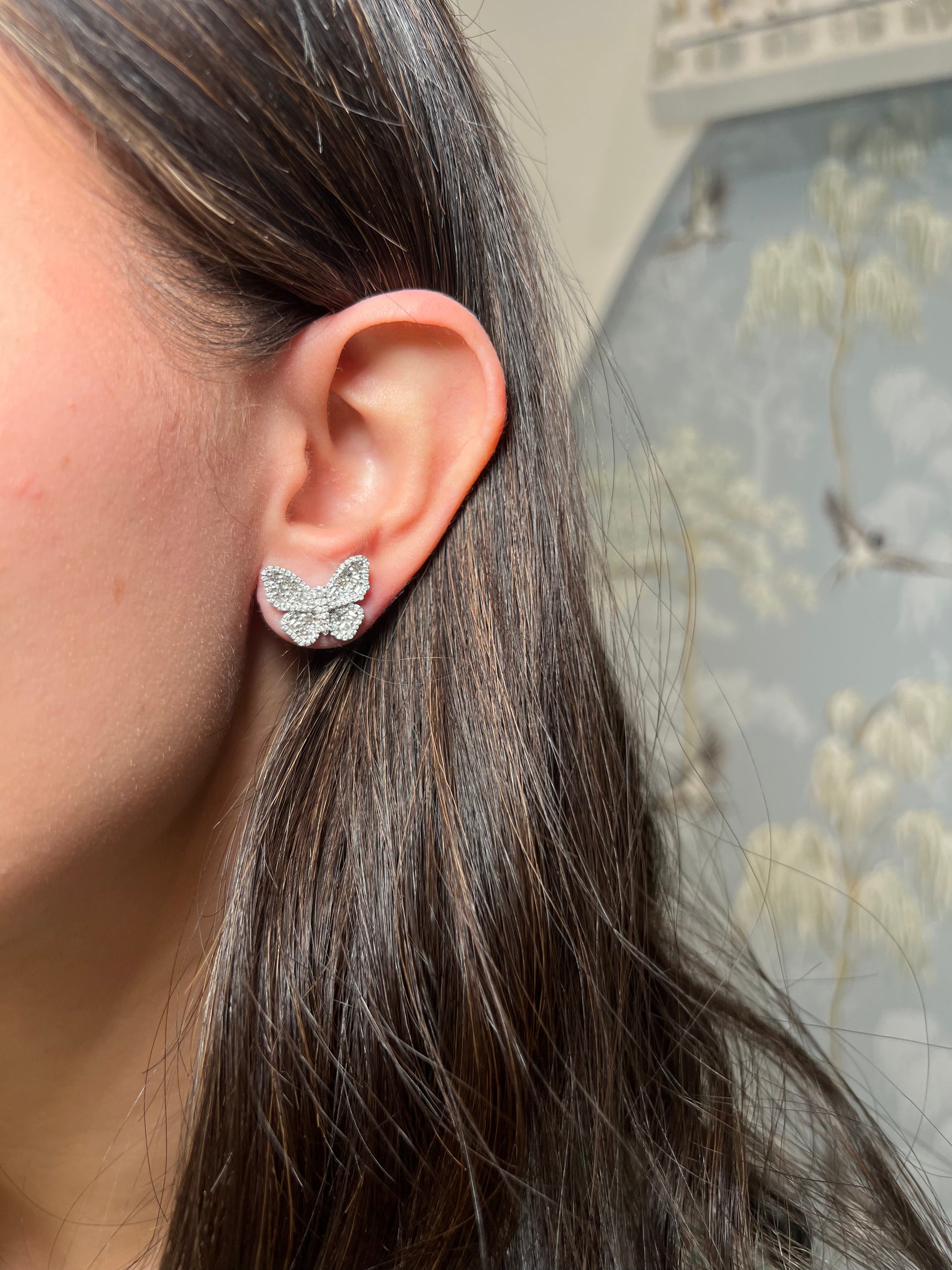 14k White Gold Butterfly Baguette Diamond Earrings
