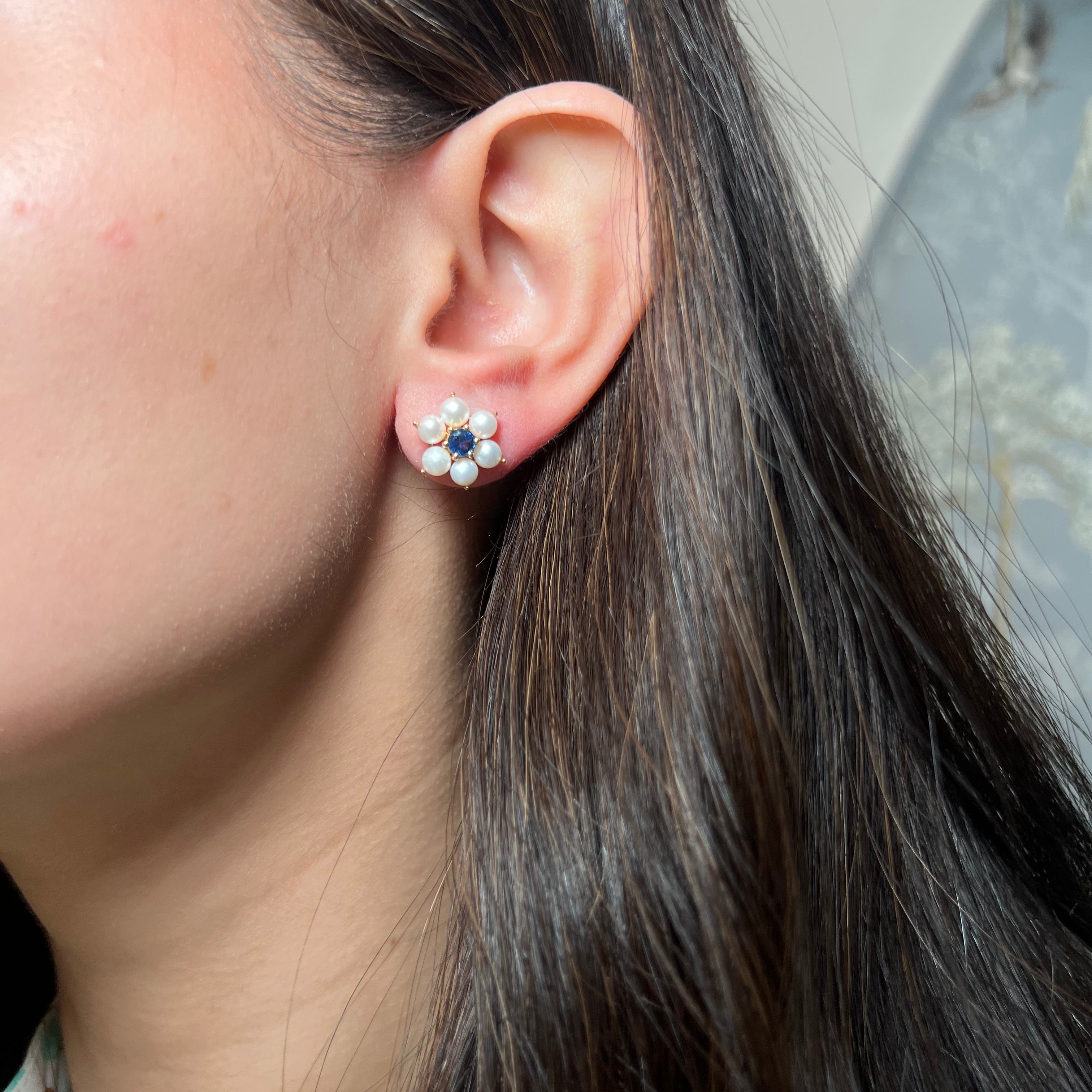 14K Pearl and Blue Sapphire Flower Studs