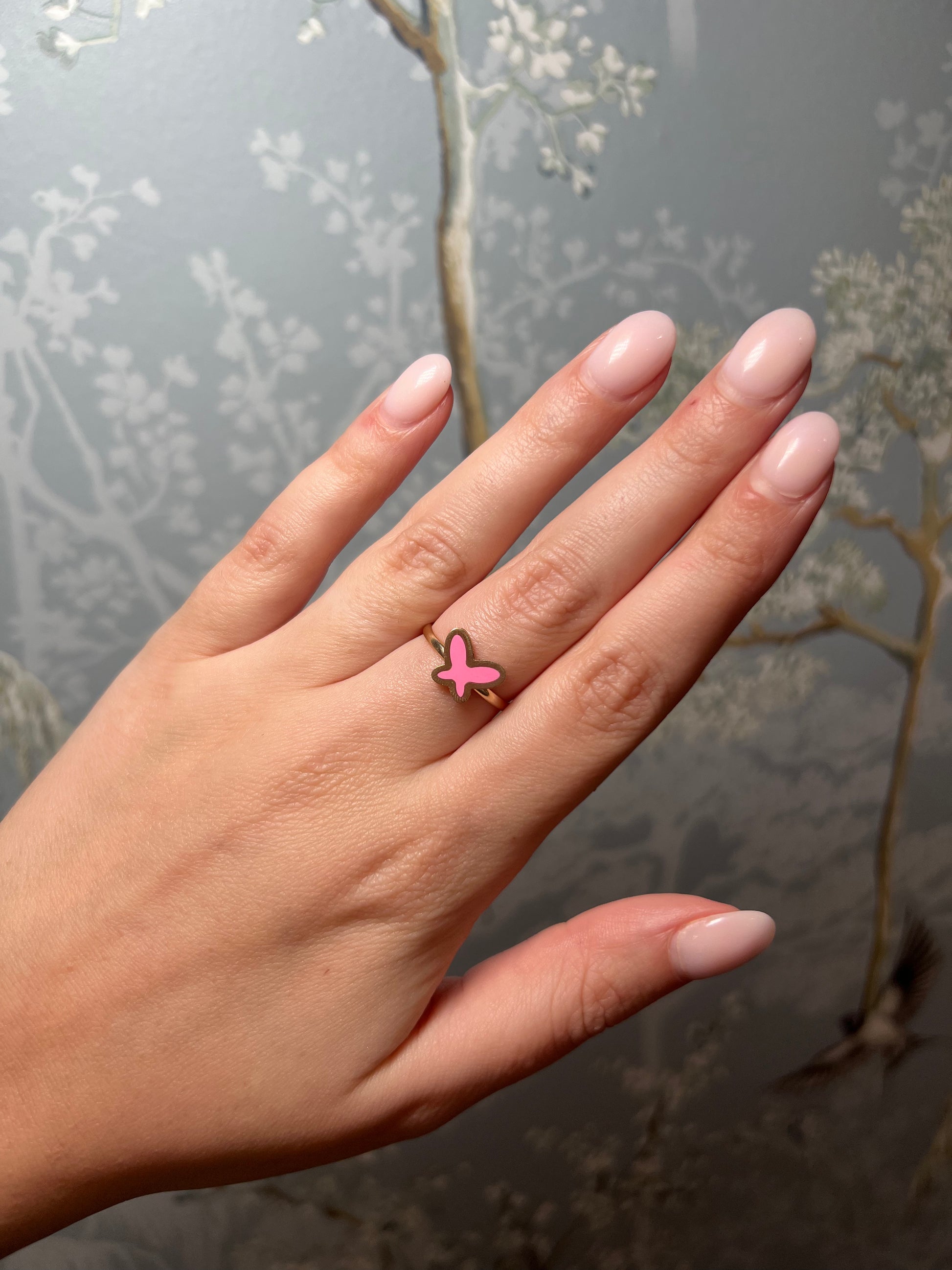 Pink Enamel Butterfly Yellow Gold Ring