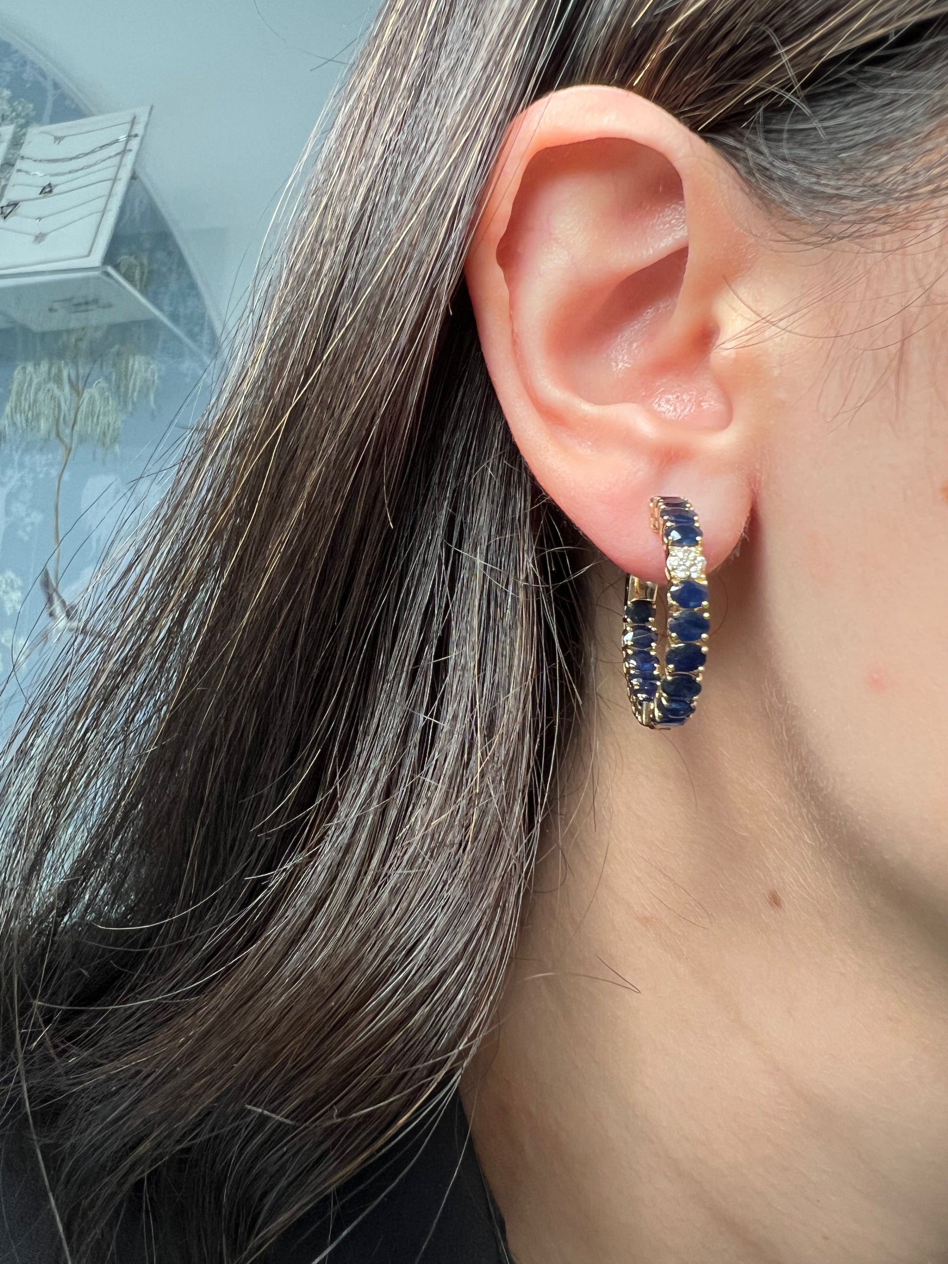 14K Diamond and Oval Blue Sapphire Hoop Earrings