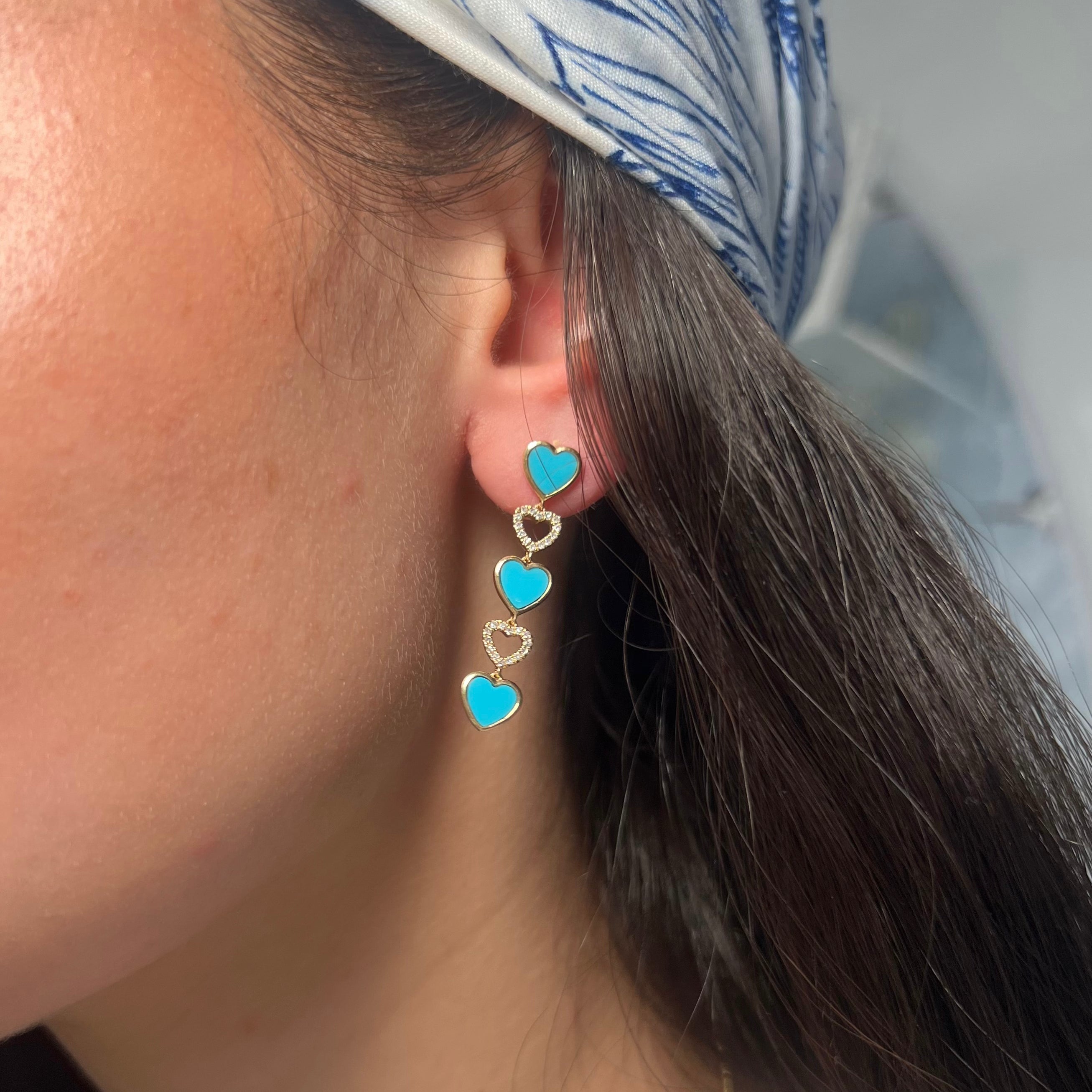 14k Yellow Gold and Turquoise Heart Drop Earring