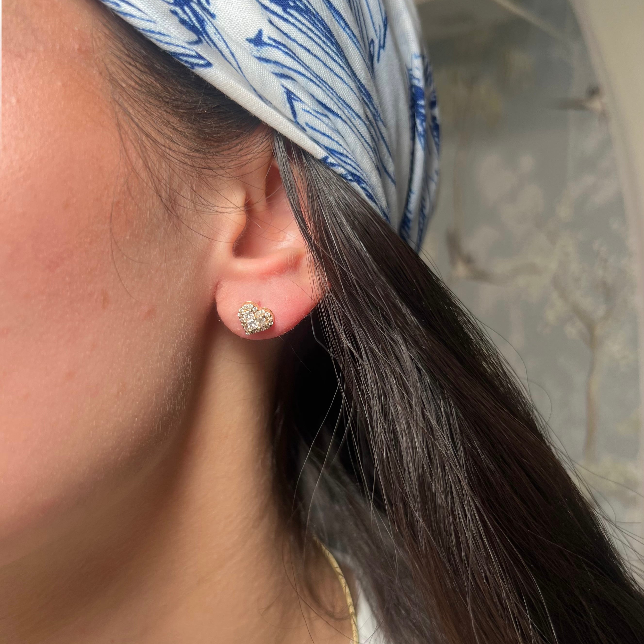 14k Yellow Gold and Diamond Heart Stud Earrings