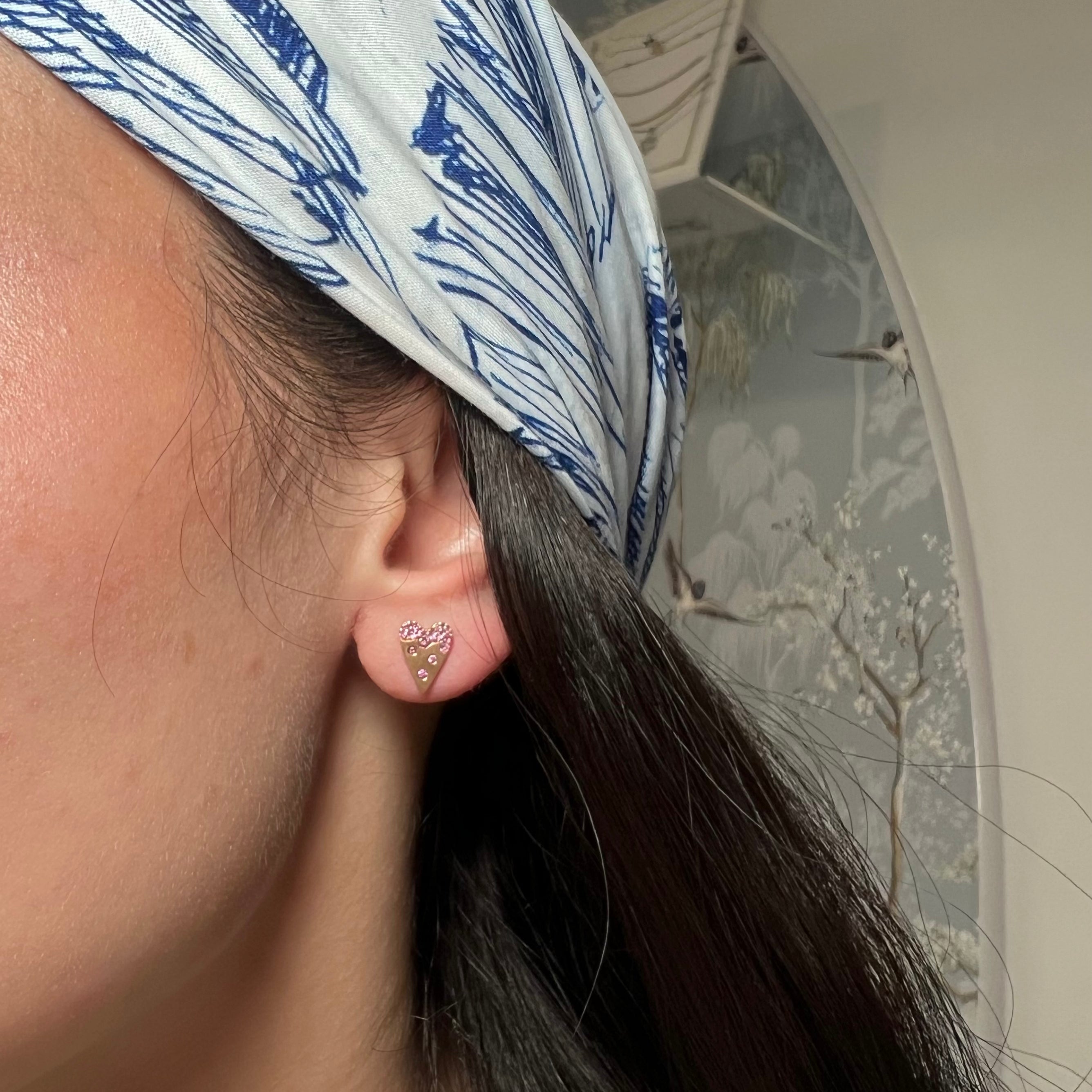 14k Yellow Gold and Pink Sapphire Heart Studs