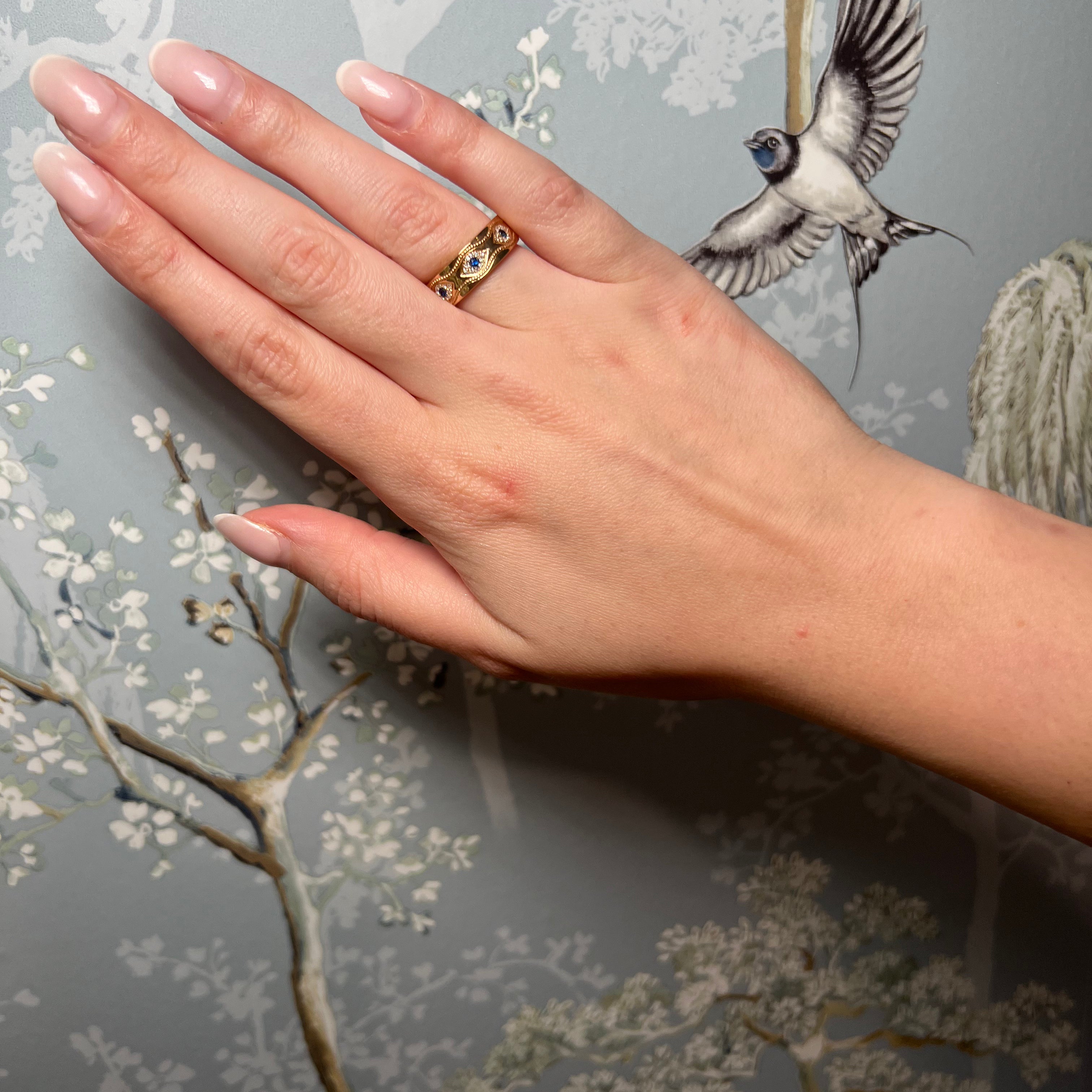 14k Yellow Gold Sapphire Evil Eye Diamond Ring