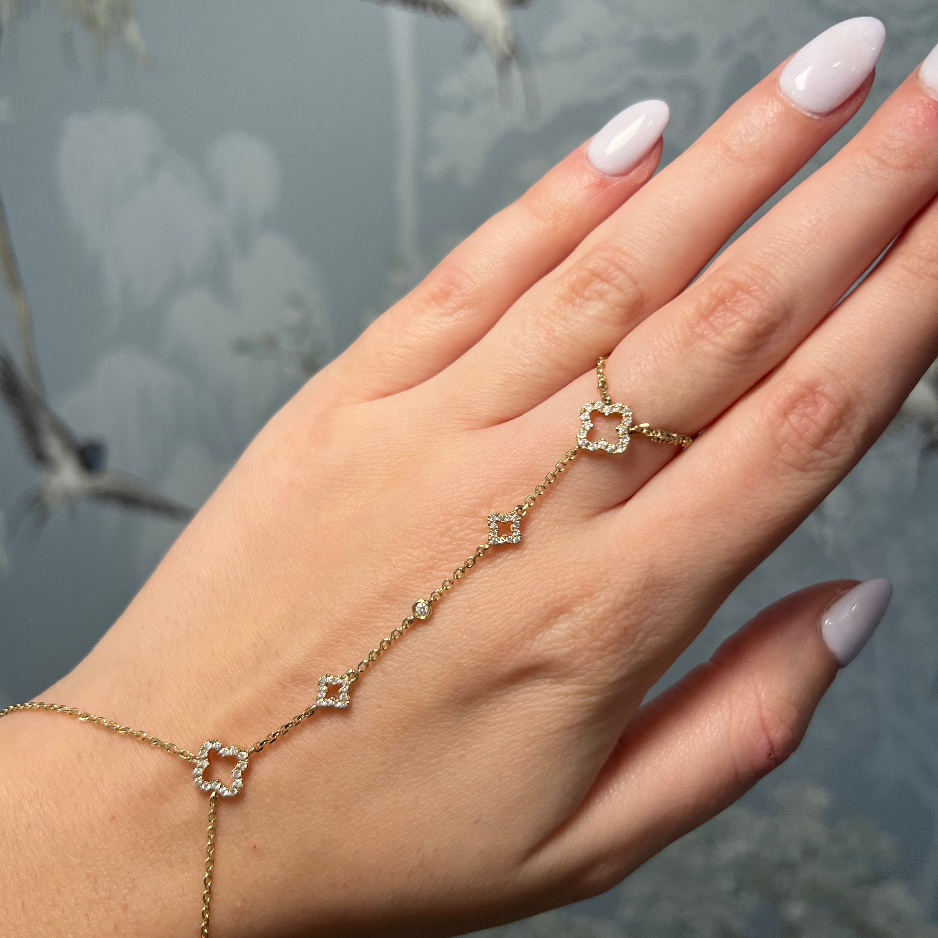 14k Yellow Gold and Diamond Clover Hand Chain