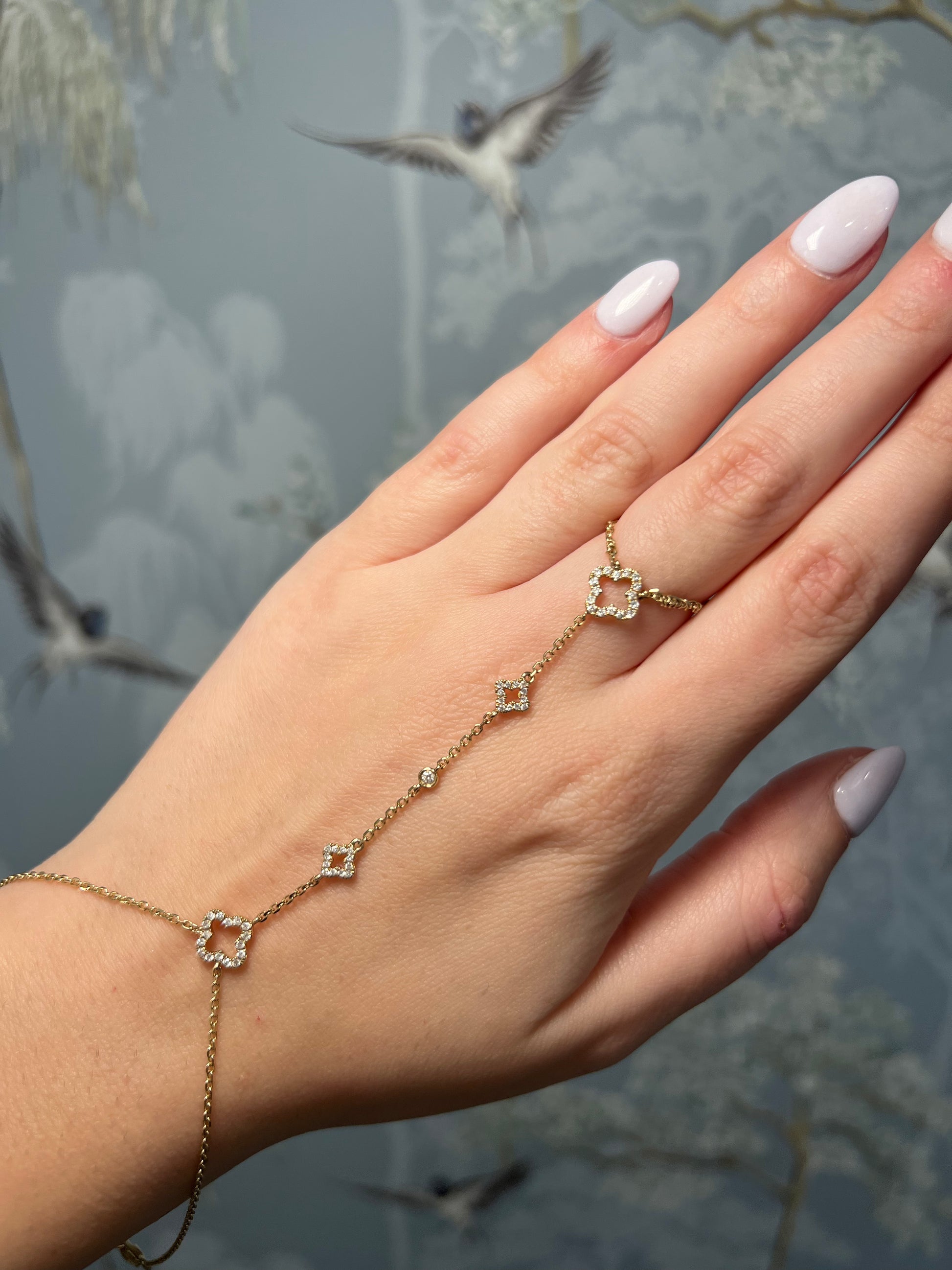 14k Yellow Gold and Diamond Clover Hand Chain