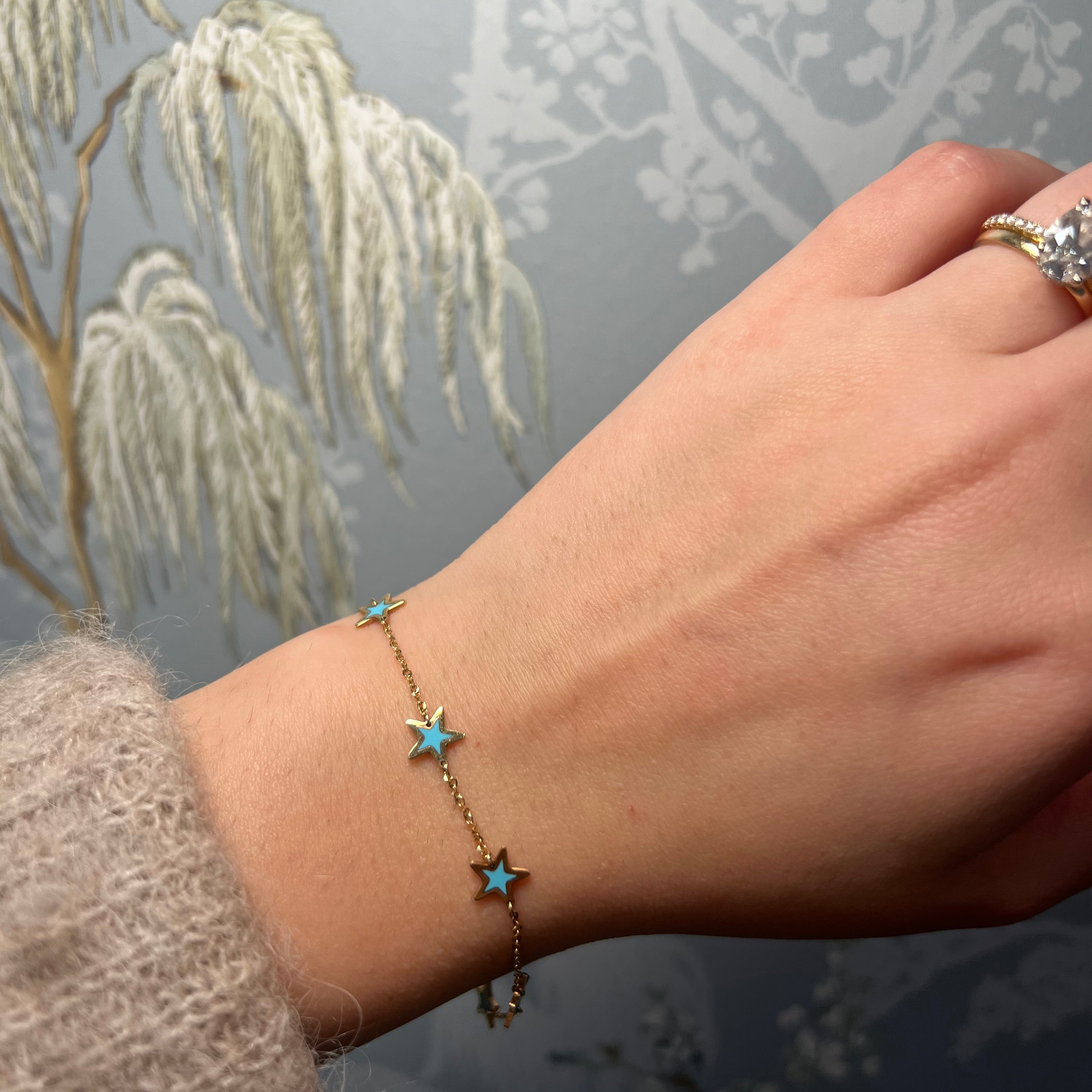 14k Yellow Gold Turquoise Enamel Star Bracelet