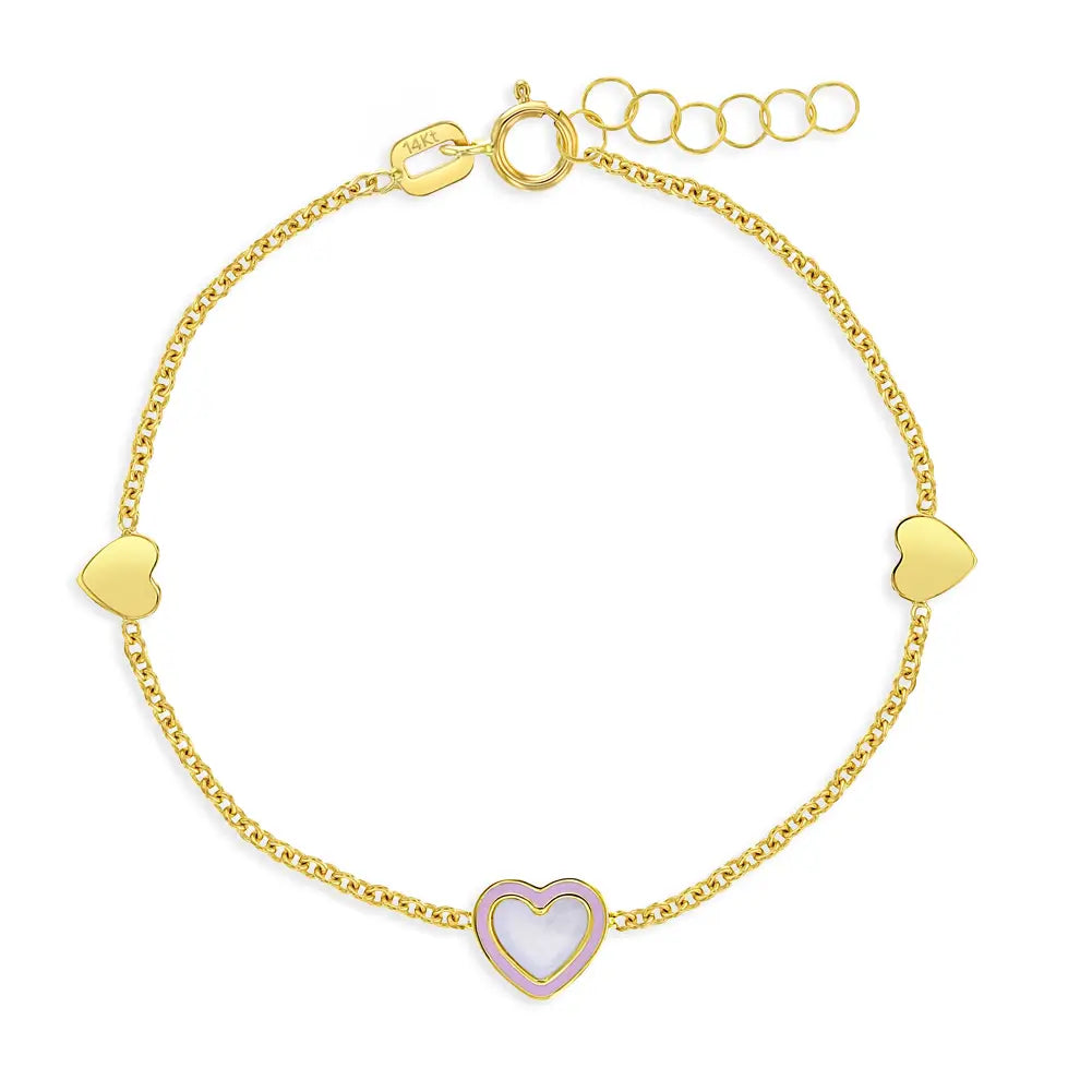 14k Gold 5"- 6" Mother of Pearl Heart Girls Bracelet