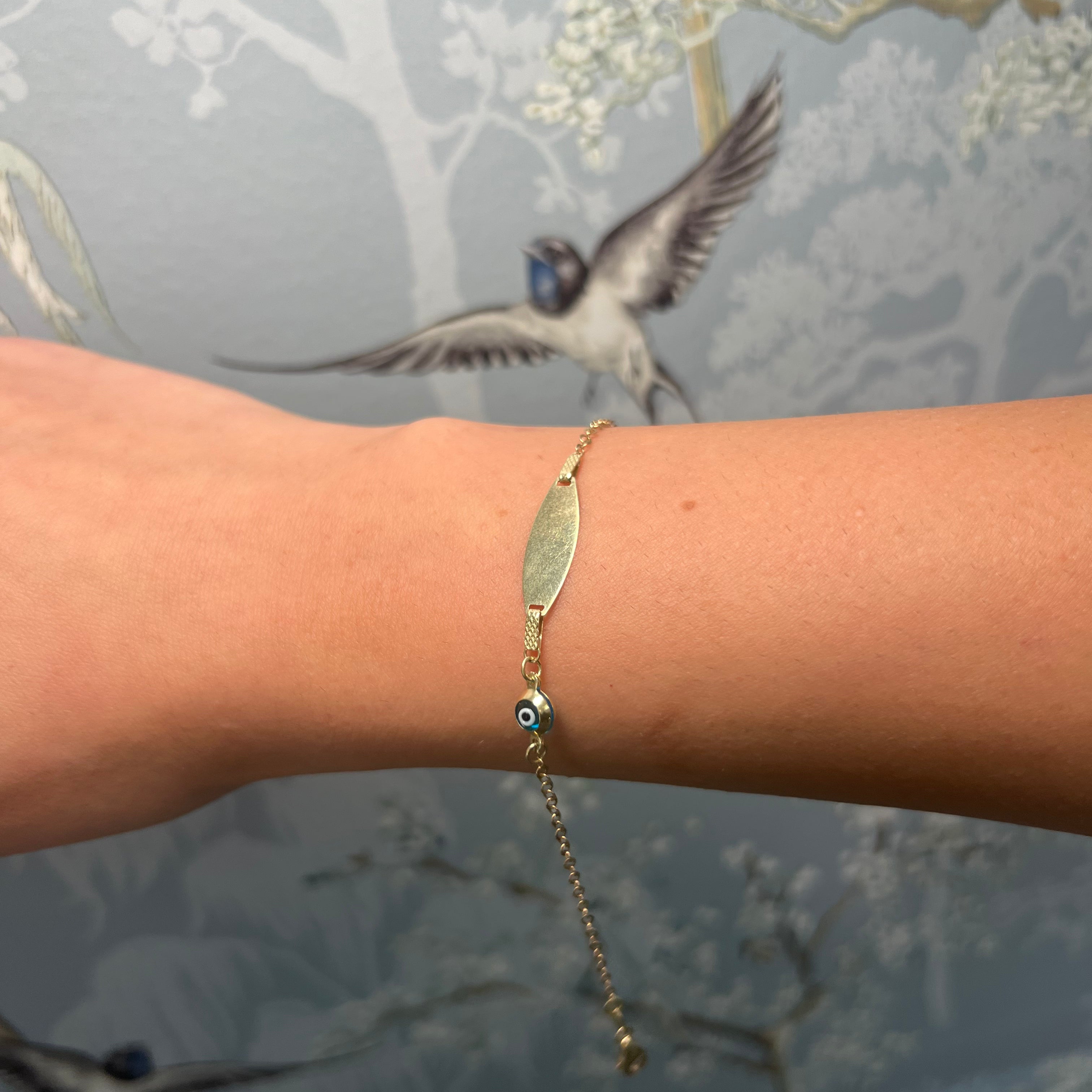 14k Yellow Gold Nameplate Evil Eye Baby Bracelet