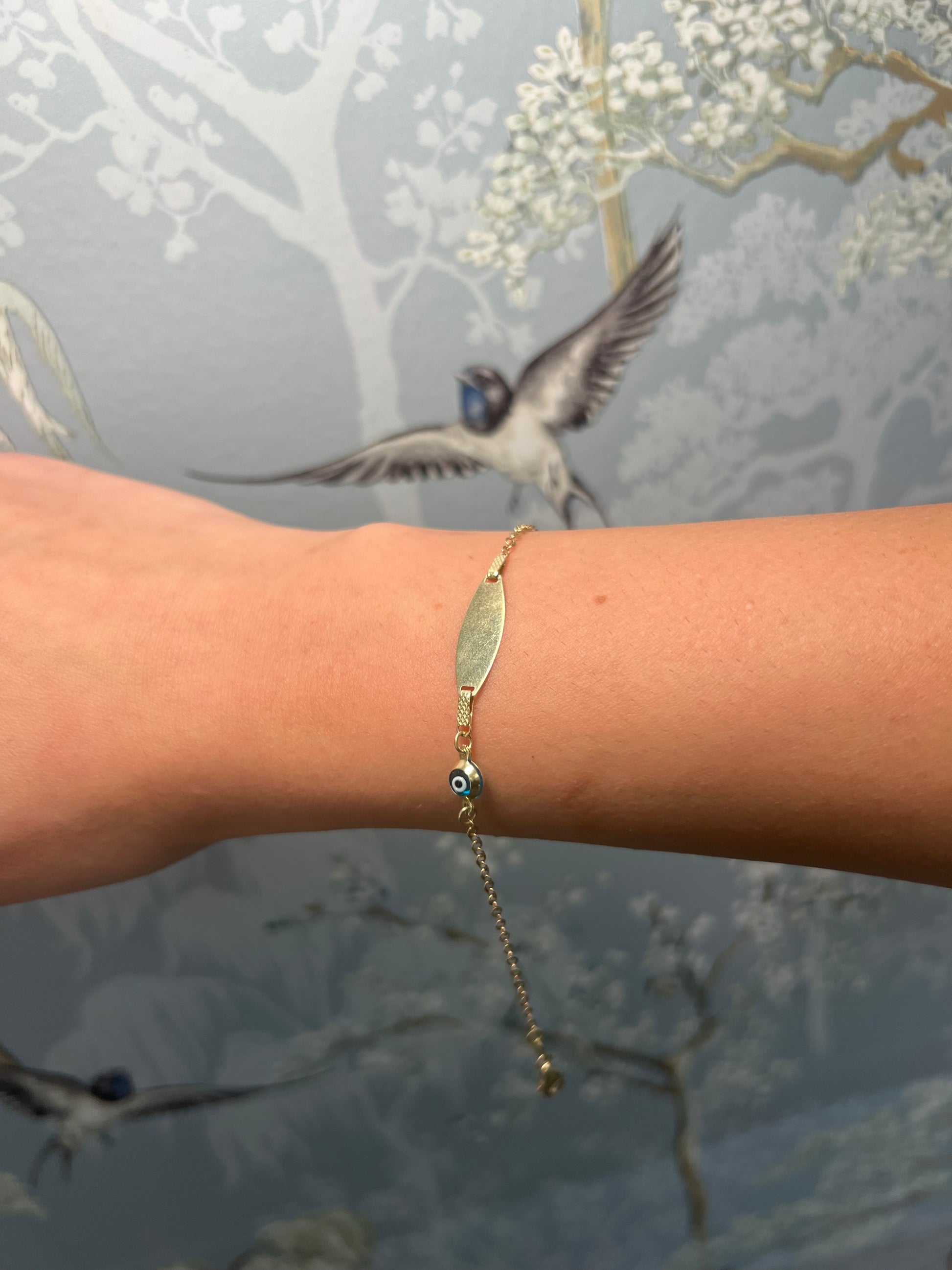 14k Yellow Gold Nameplate Evil Eye Baby Bracelet