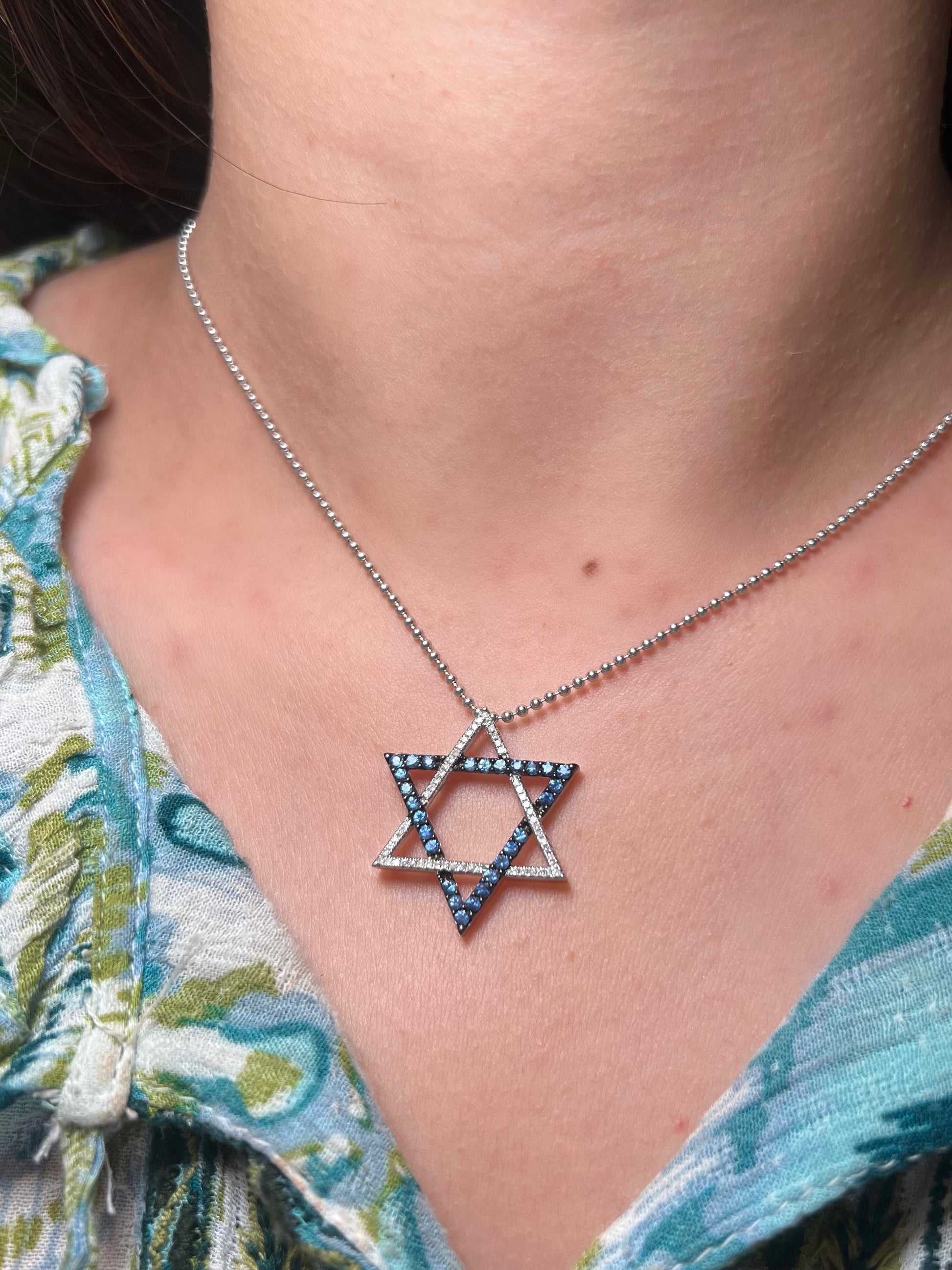 14k Large Magen David Sapphire and Diamond Charm