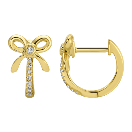 14k Yellow Gold Bow Diamond Huggie Earrings