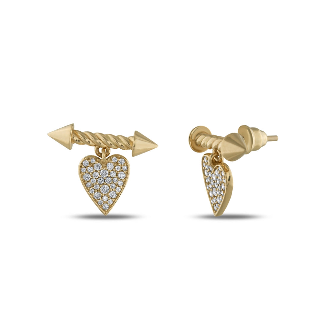 14k Gold and Diamond Heart and Arrow Earrings