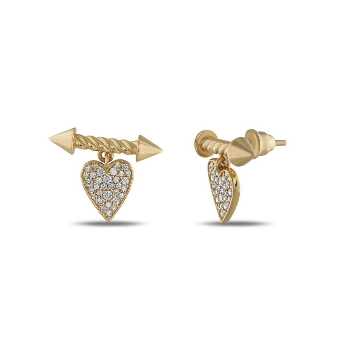 14k Gold and Diamond Heart and Arrow Earrings