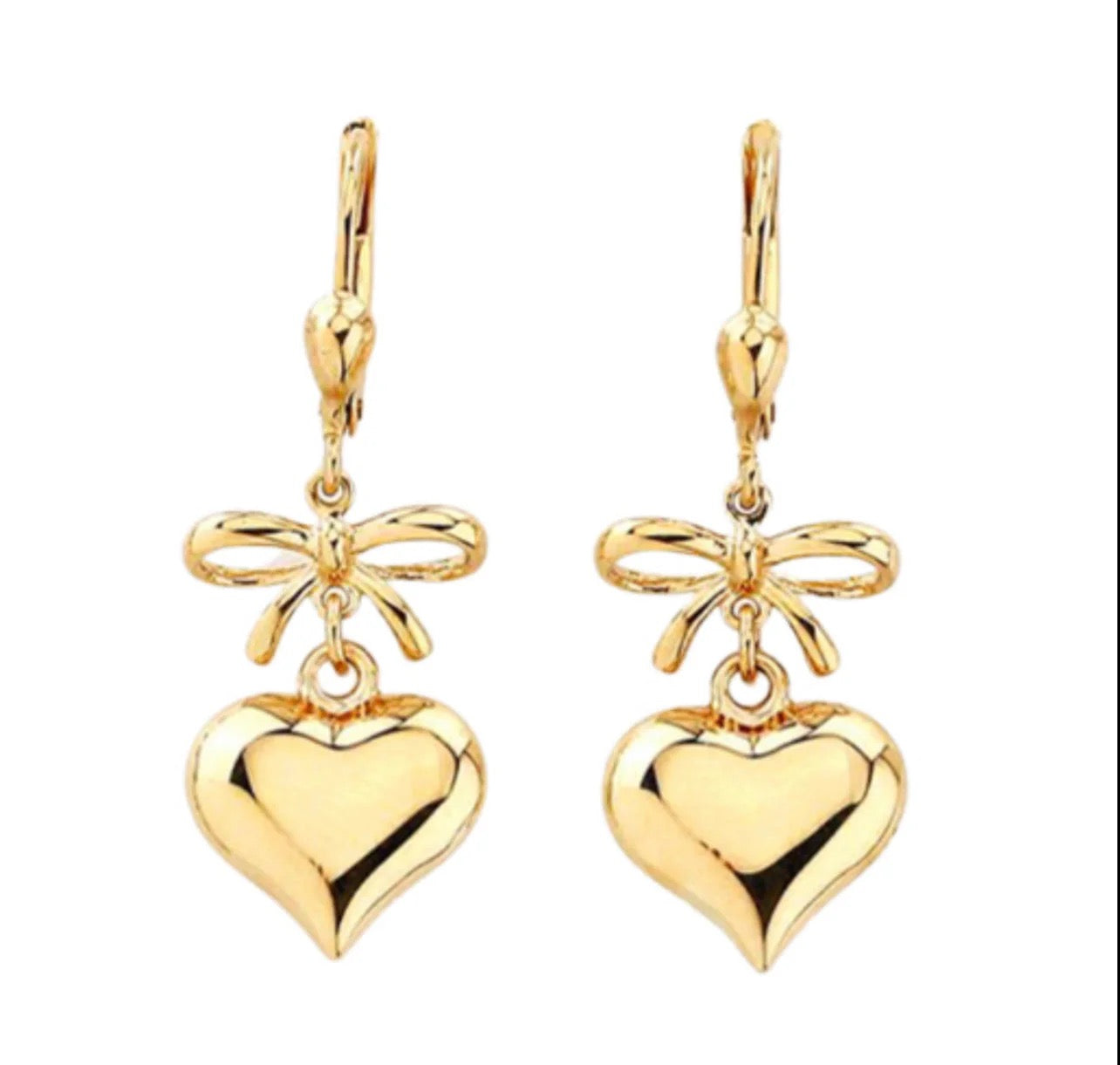 14k Yellow Gold Hanging Bow and Heart Huggie Earring