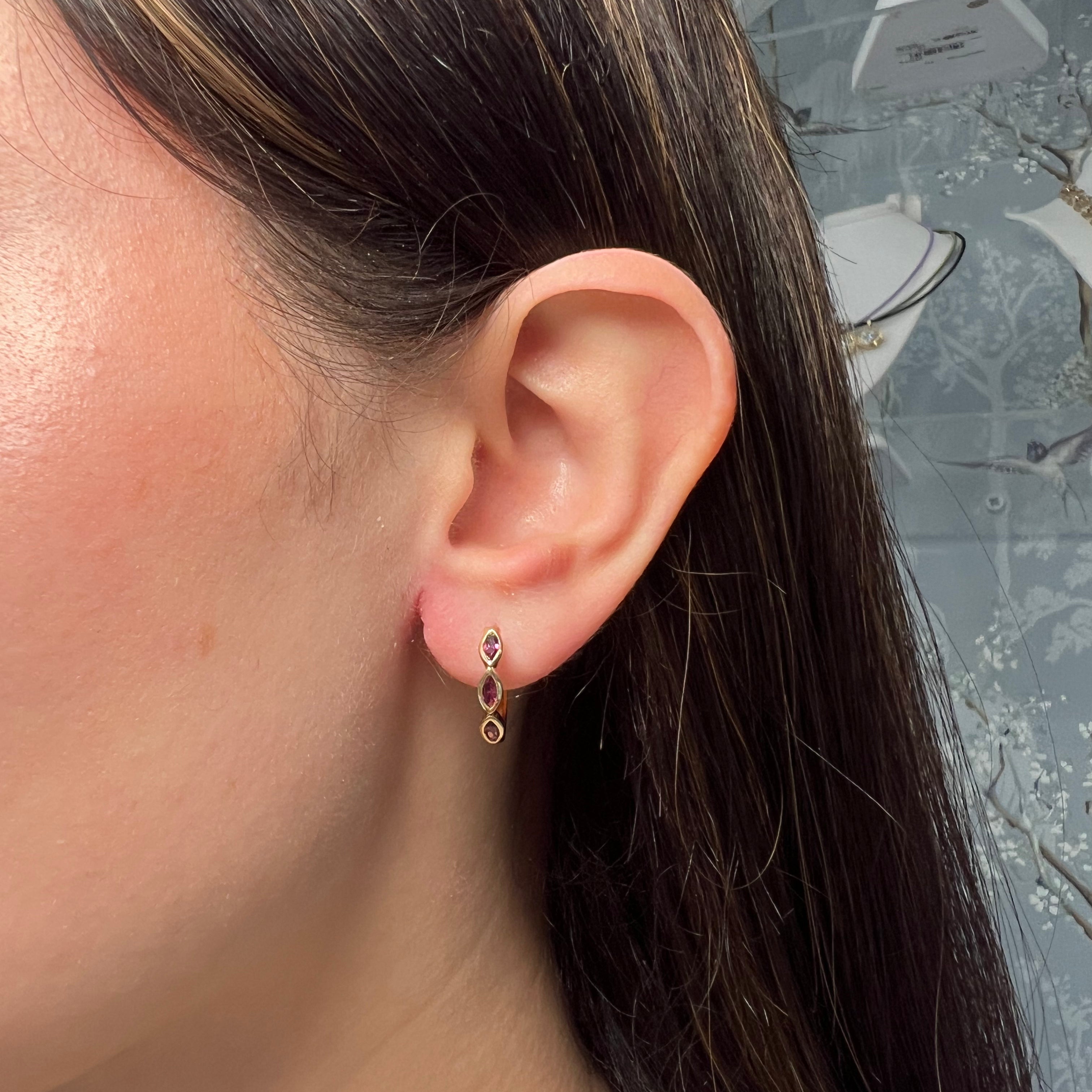 14k Yellow Gold Pear Shape Rhodolite Huggie Earrings