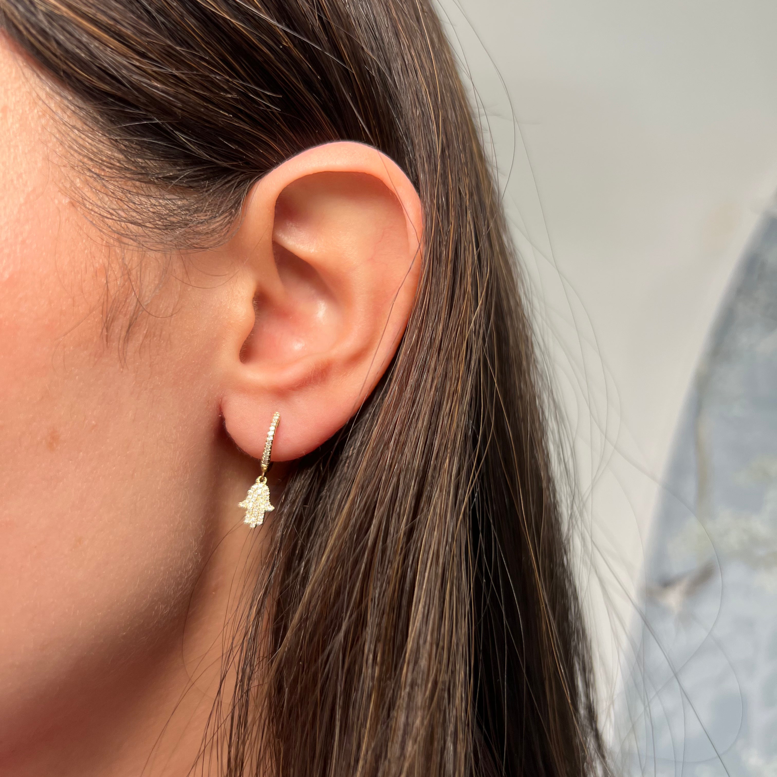 14k Yellow Gold Dangling Hamsa Huggie Earrings