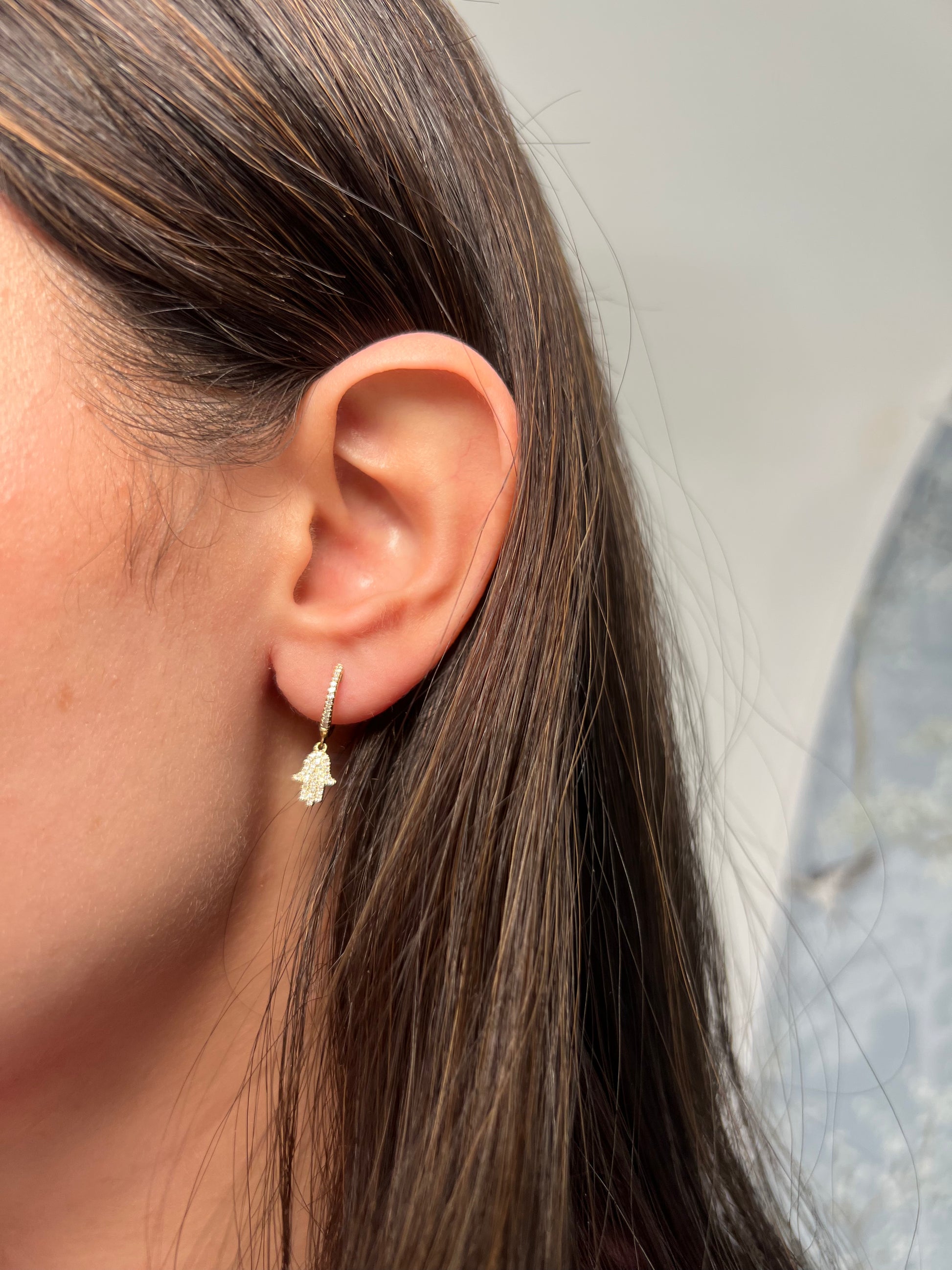 14k Yellow Gold Dangling Hamsa Huggie Earrings