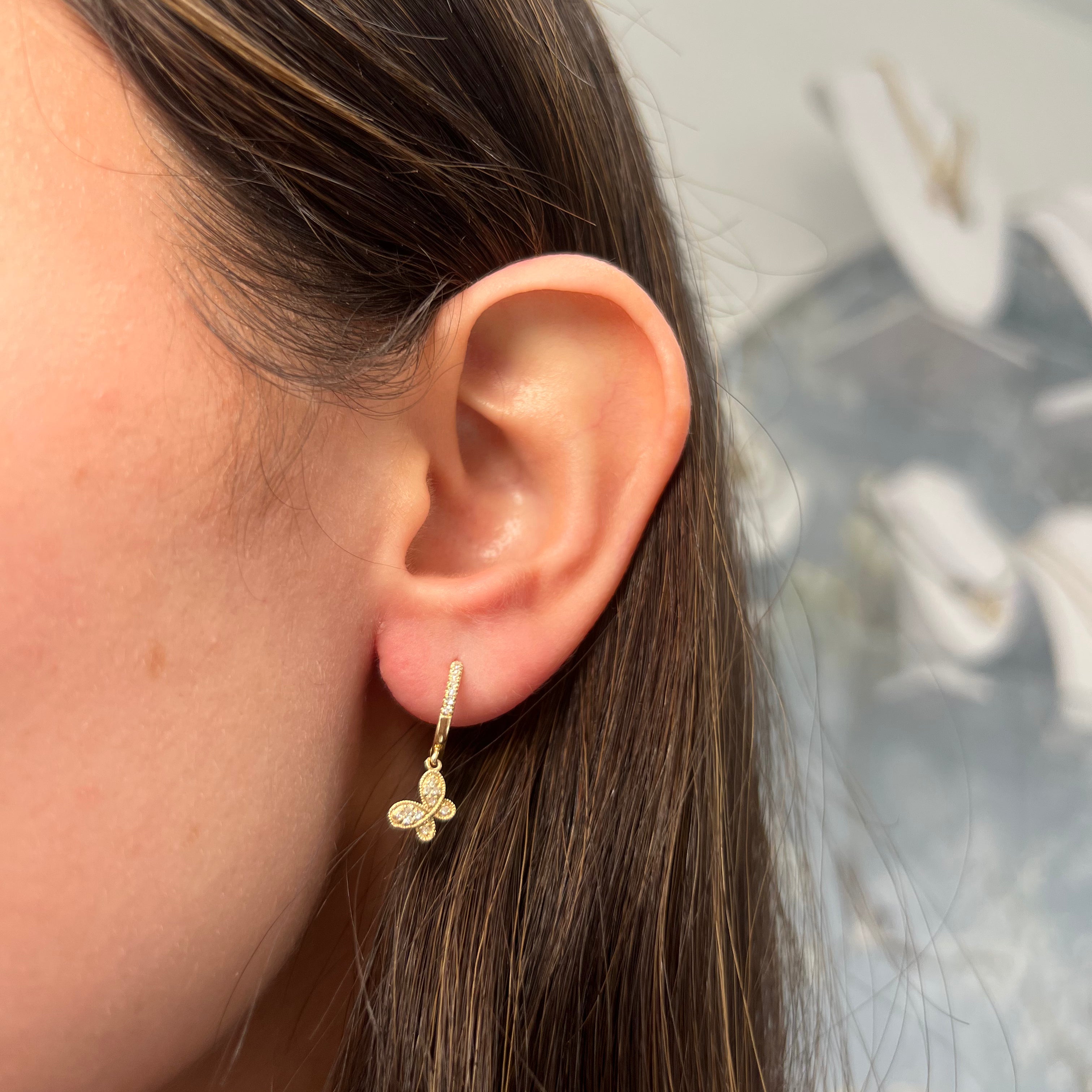 Yellow Gold Butterfly Single Pave Diamond Earrings