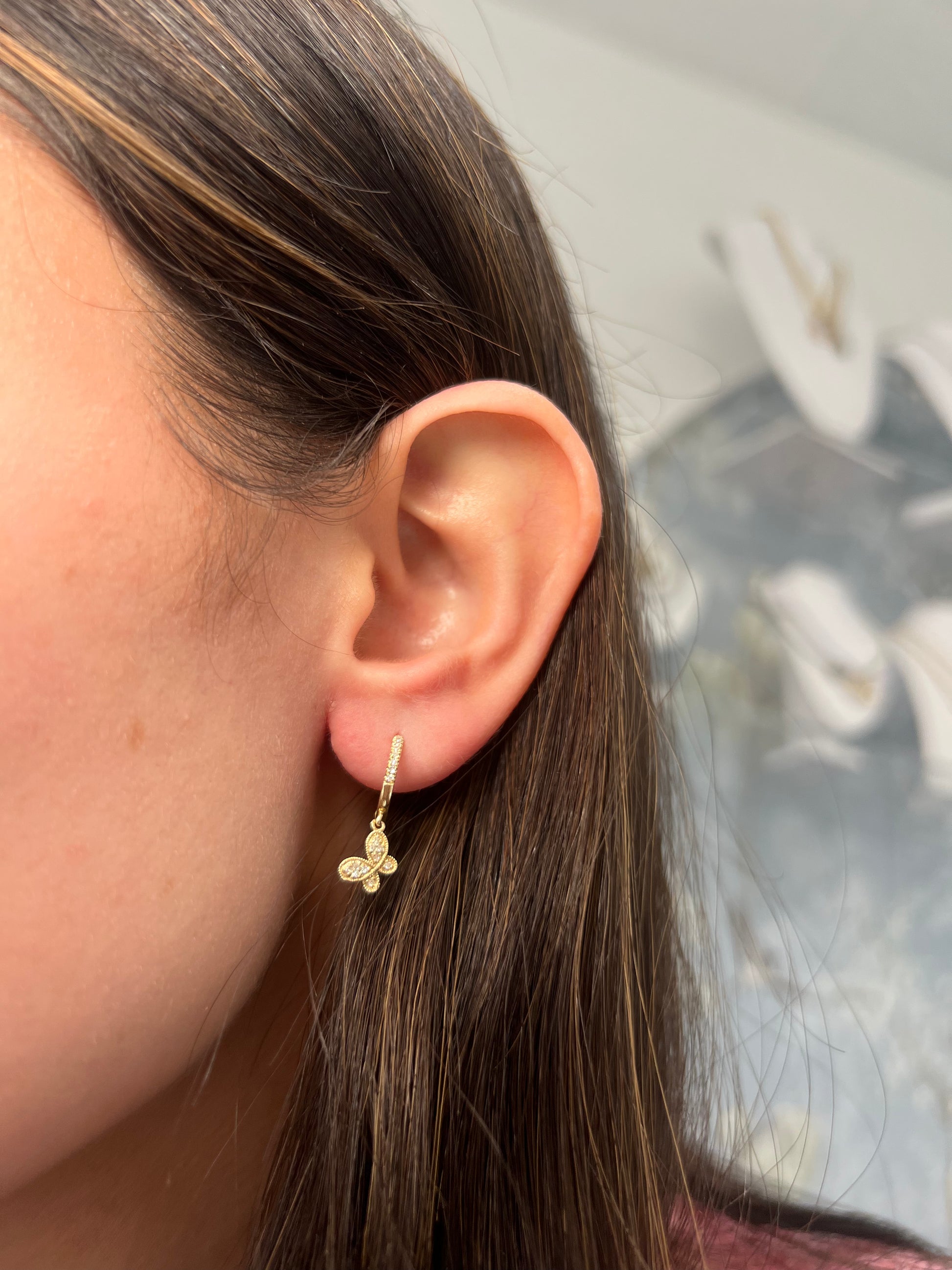 Yellow Gold Butterfly Single Pave Diamond Earrings