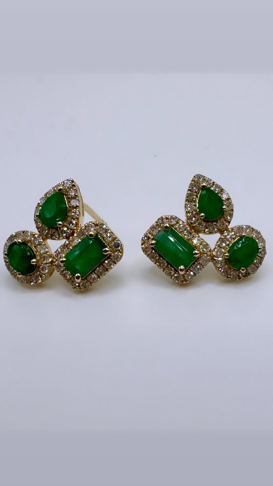 Large Emerald Diamond Cluster Studs