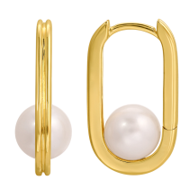 14k Yellow Gold Pearl Oval Hoop Earrings