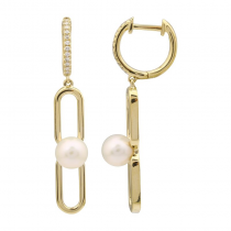 14k Yellow Gold Pearl Diamond Huggie Earrings