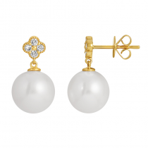 14k Yellow Gold Diamond Clover Pearl Earrings