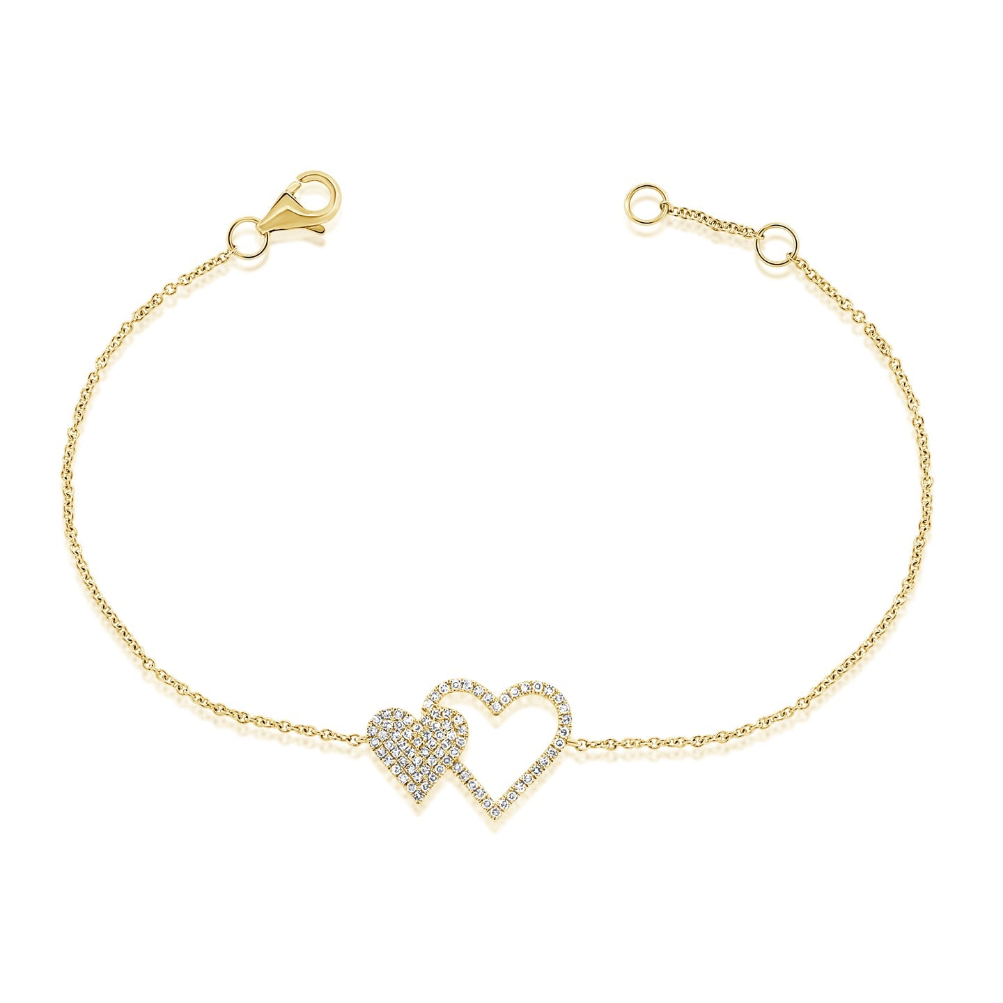 14k Yellow Gold Double Heart Pave Diamond Bracelet