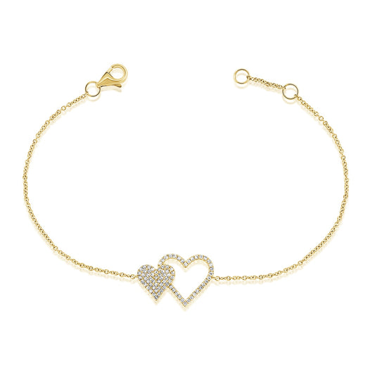 14k Yellow Gold Double Heart Pave Diamond Bracelet