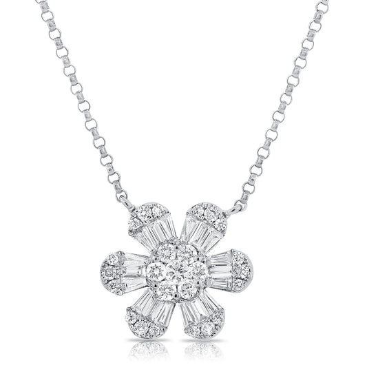 14k White Gold Baguette Diamond Medium Flower Necklace