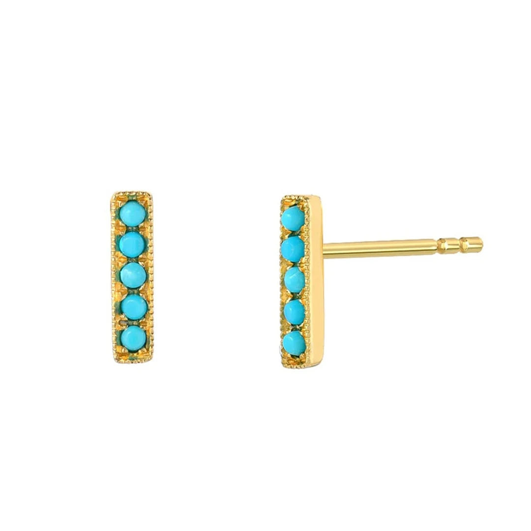 14k Gold Turquoise Bar Stud Earrings, Cartilage Earring, Pave' Set Earrings