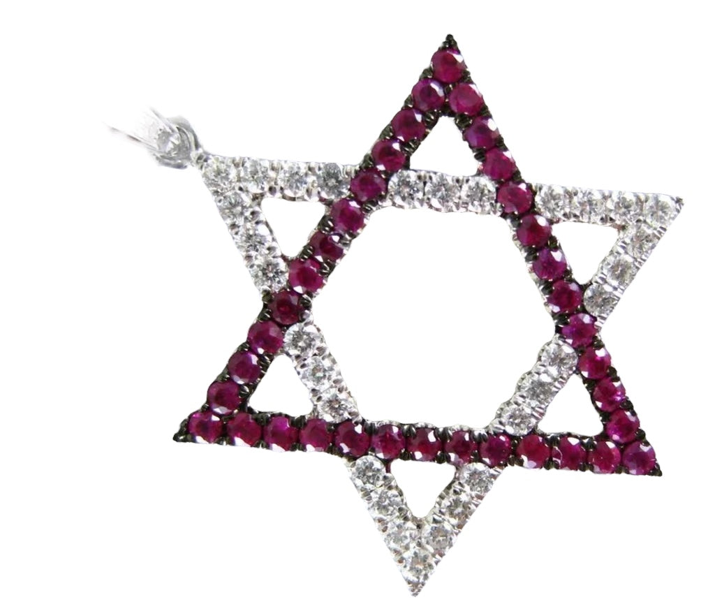 14k White Gold Ruby and Diamond Magen David Necklace