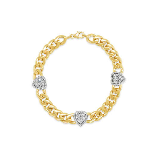 Cuban Chain Three Heart Diamond Bracelet