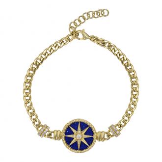 14K Yellow Gold Lapis Compass Cuban Link Chain Diamond Bracelet
