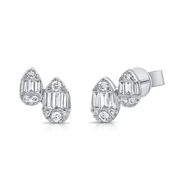 14K White Gold Baguette and Diamond Pear Stud Earrings