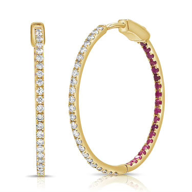 14k Yellow Gold Ruby and Diamond Hoop Earring