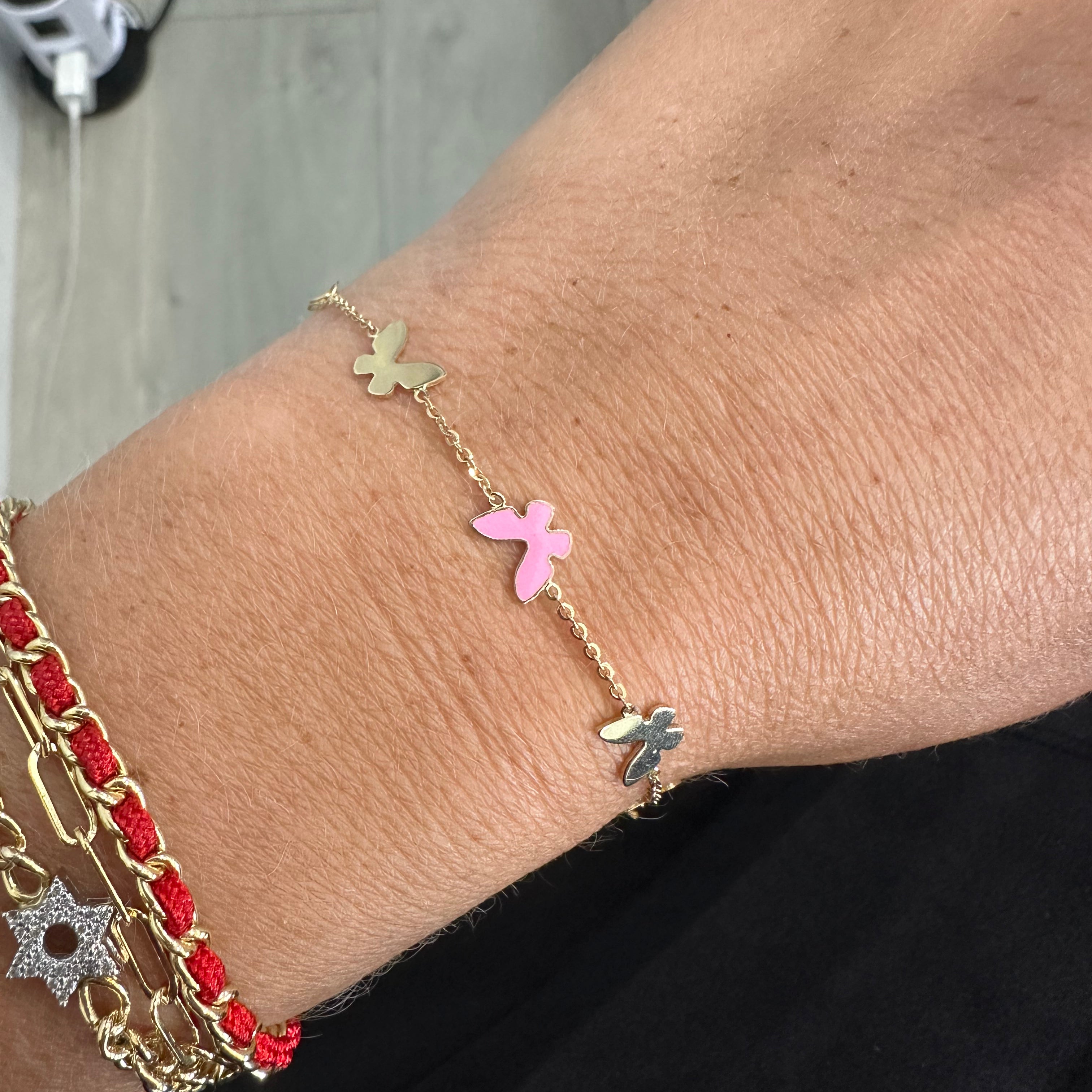 Gold & Pink Enamel 4 Butterfly Bracelet