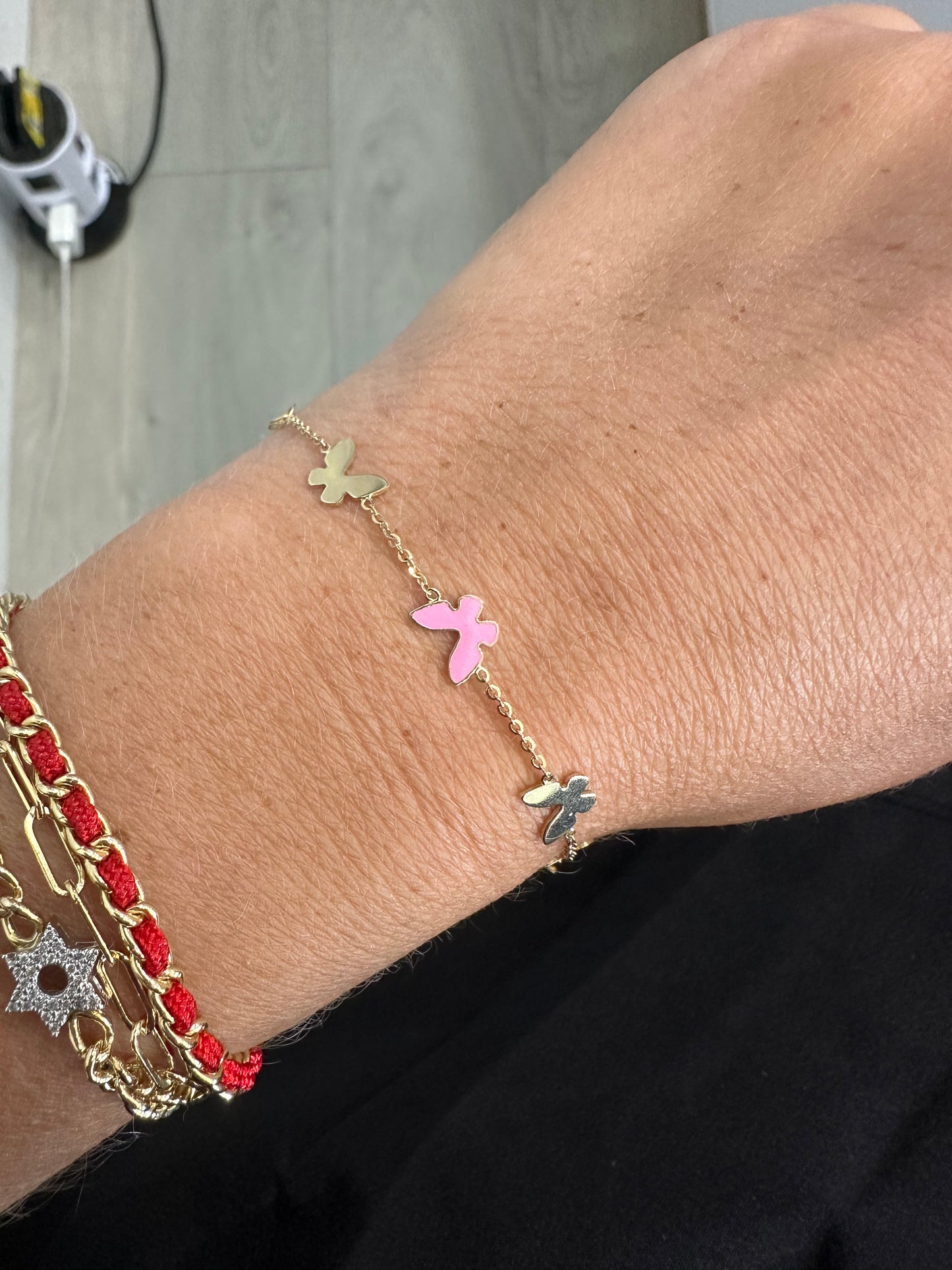 Gold & Pink Enamel 4 Butterfly Bracelet