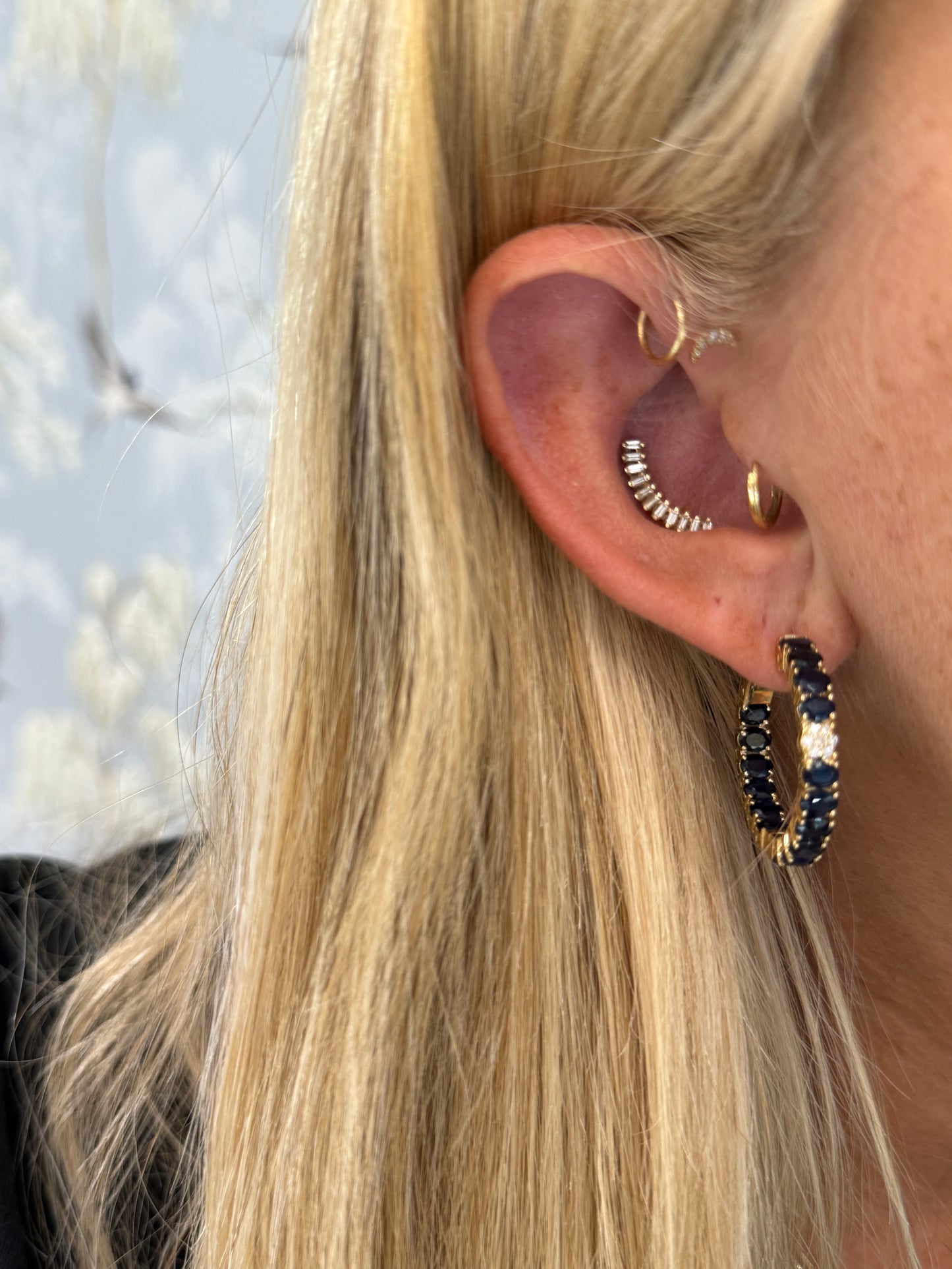 14K Diamond and Oval Blue Sapphire Hoop Earrings