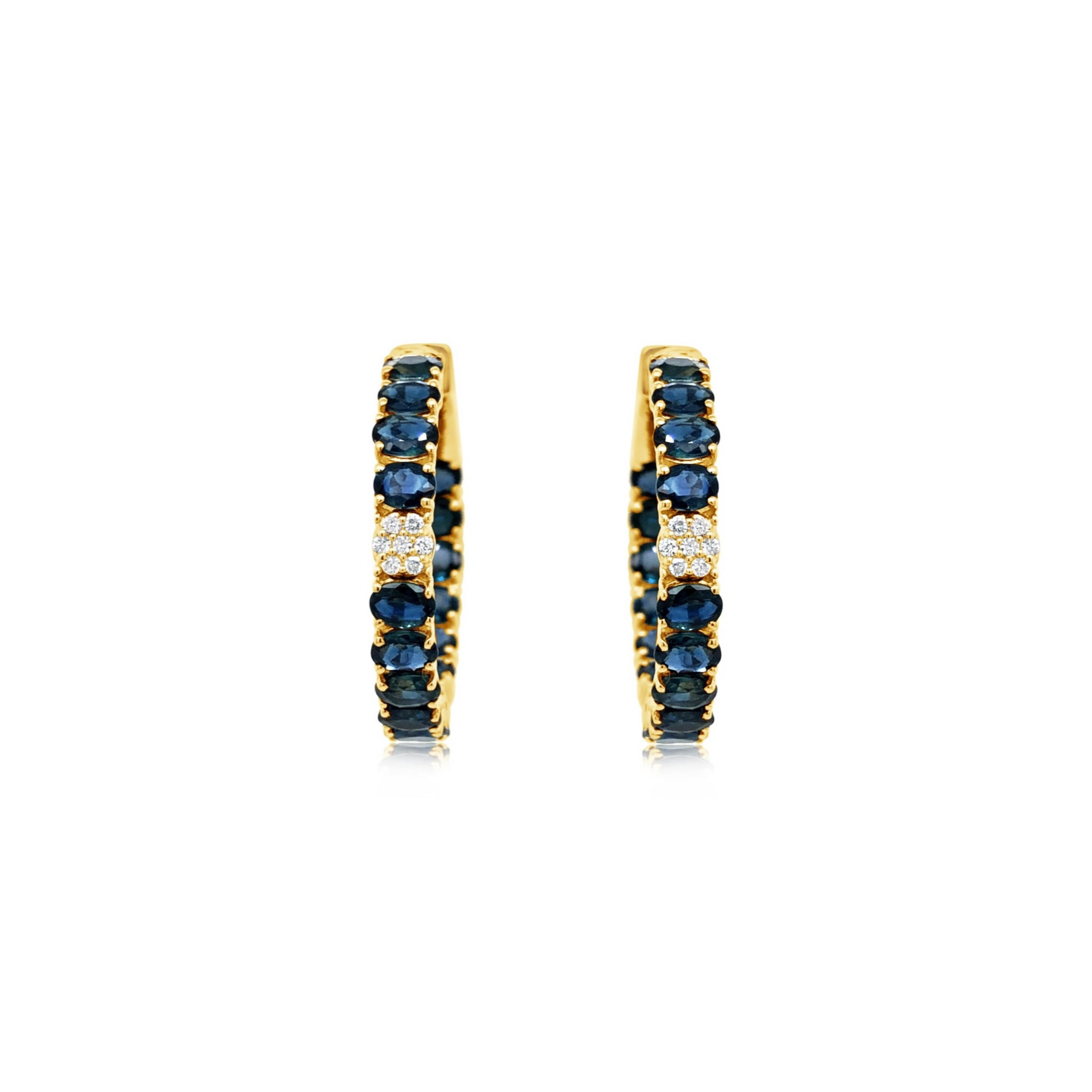 14K Diamond and Oval Blue Sapphire Hoop Earrings