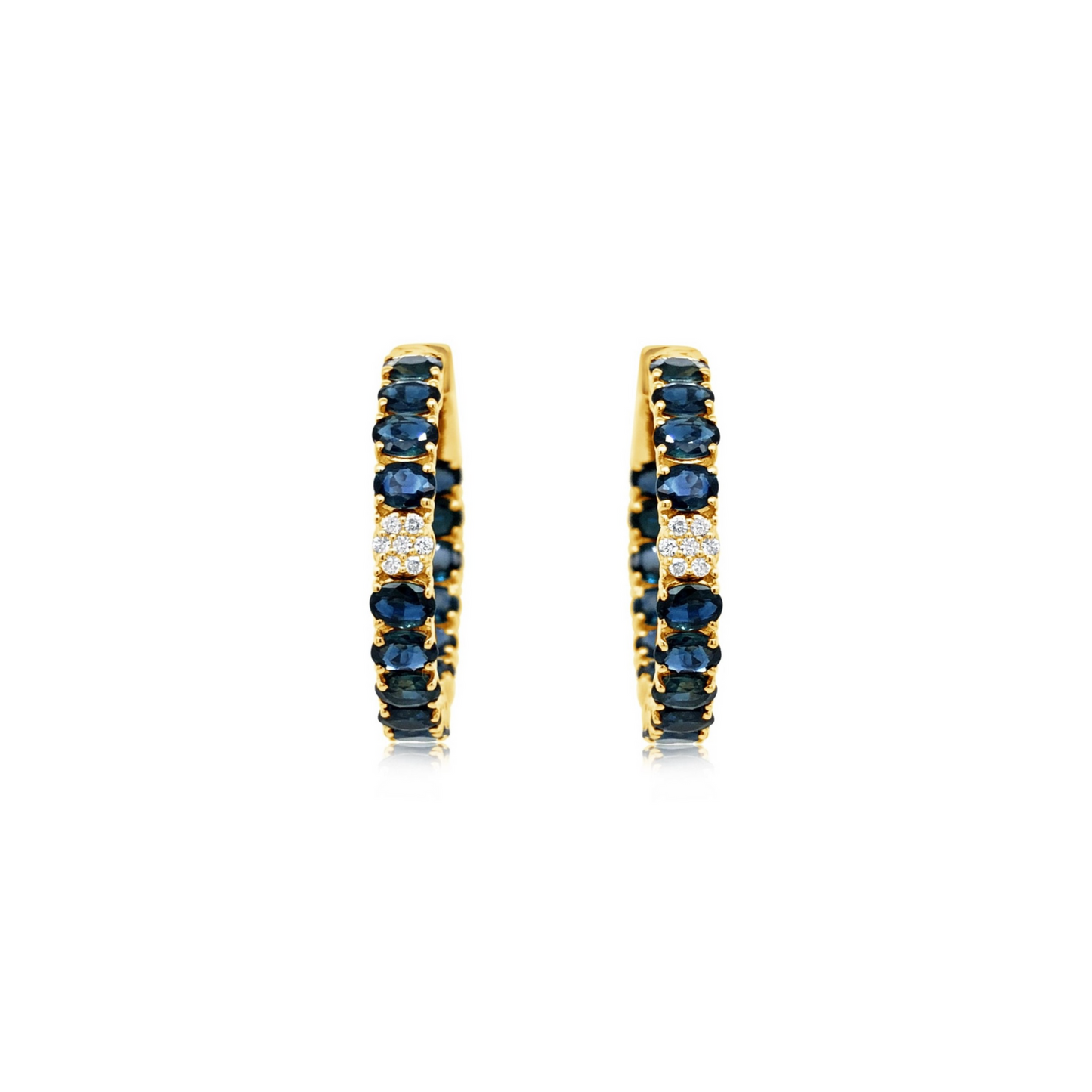 14K Diamond and Oval Blue Sapphire Hoop Earrings