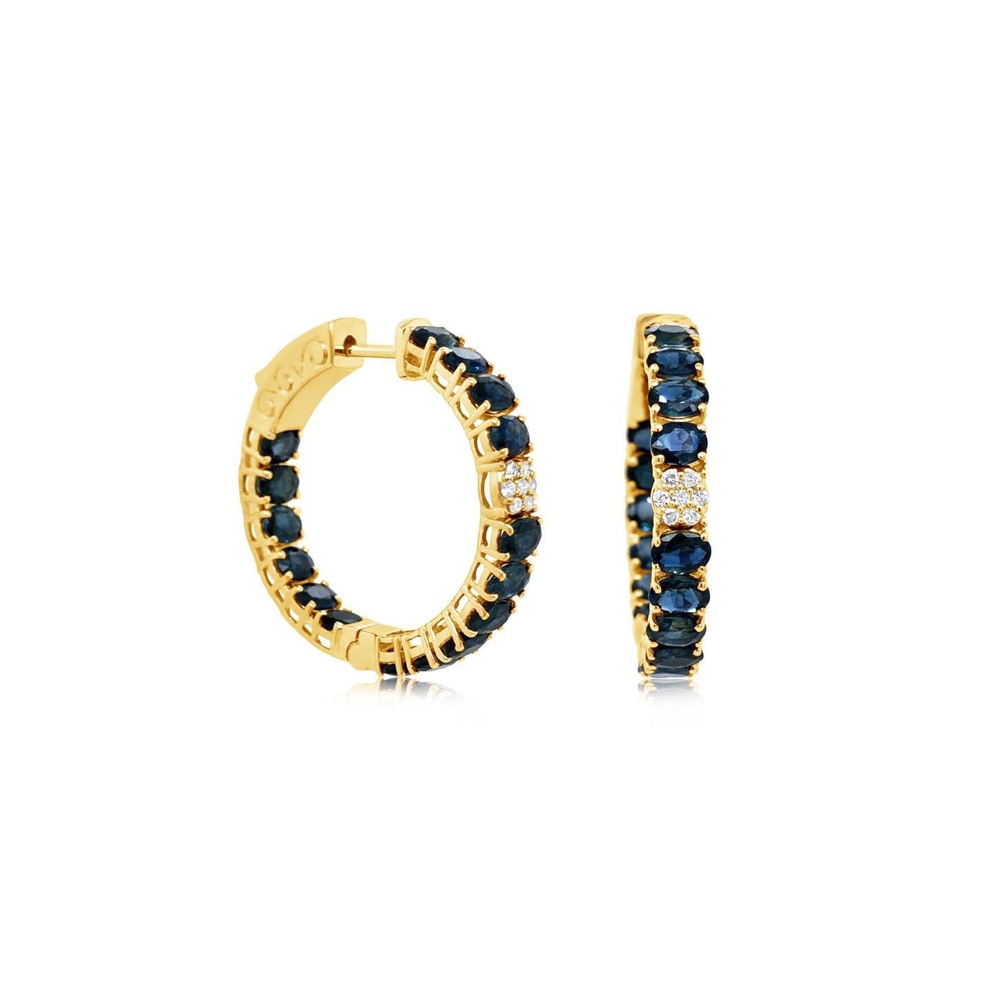 14K Diamond and Oval Blue Sapphire Hoop Earrings