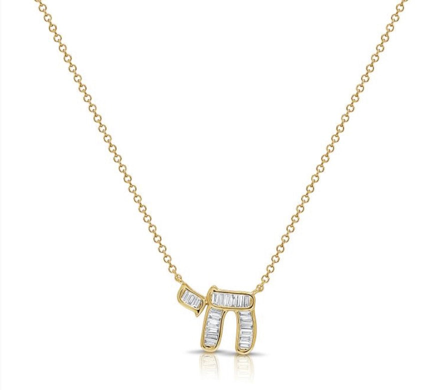.26CT BAGUETTES AND ROUND DIAMOND CHAI PENDANT NECKLACE
