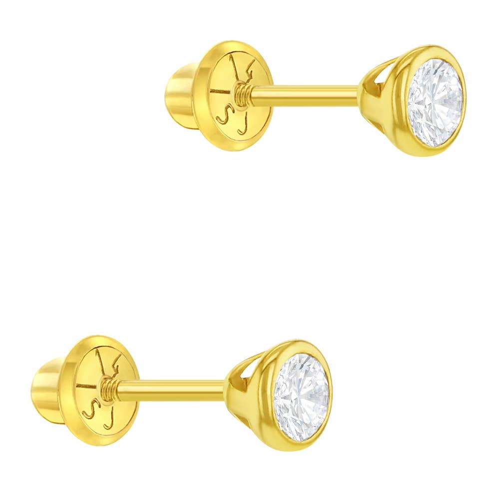 14k Gold Tiny Bezel Set CZ Baby / Toddler / Kids Earrings
