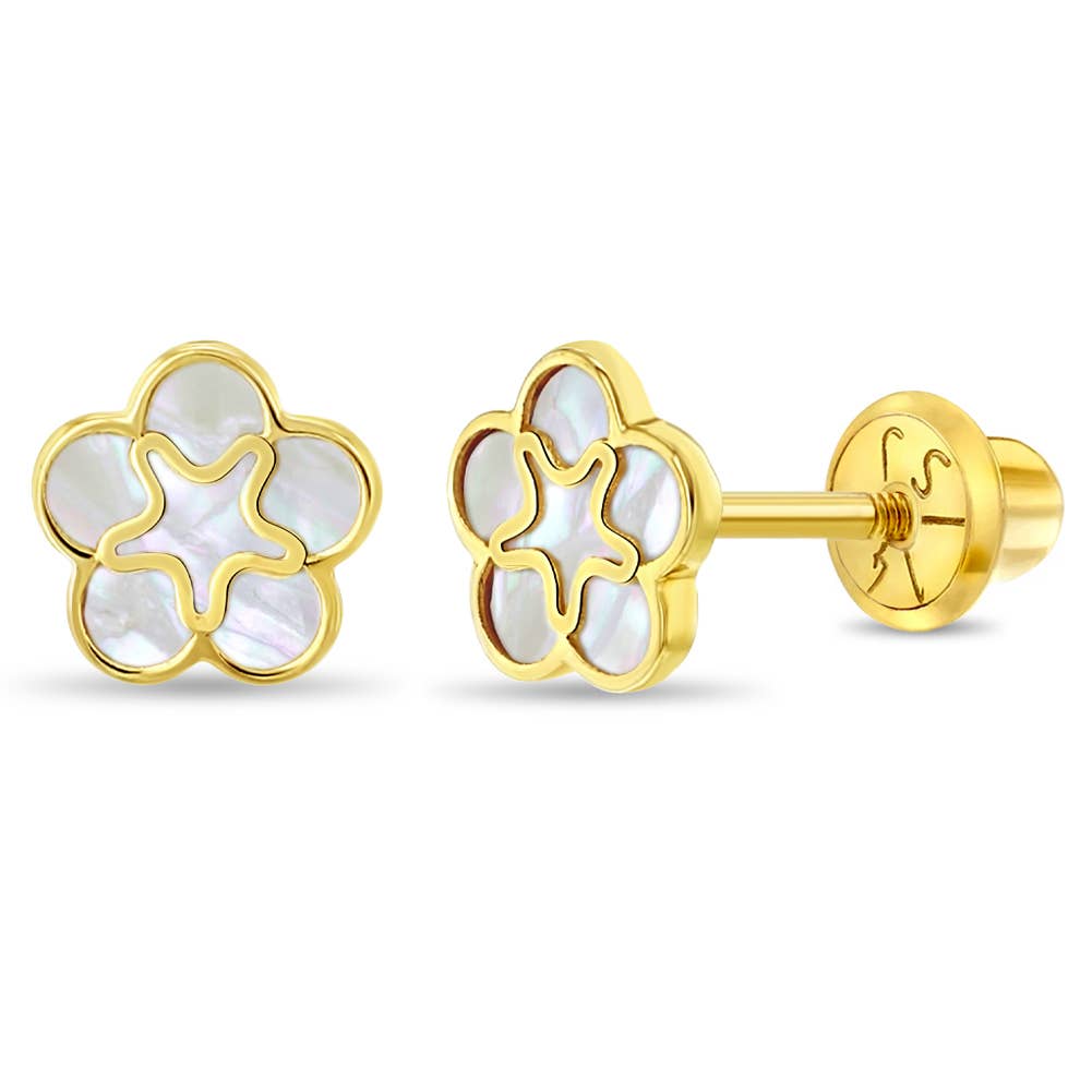 14k Gold Mother of Pearl Flower Toddler / Kids Earrings