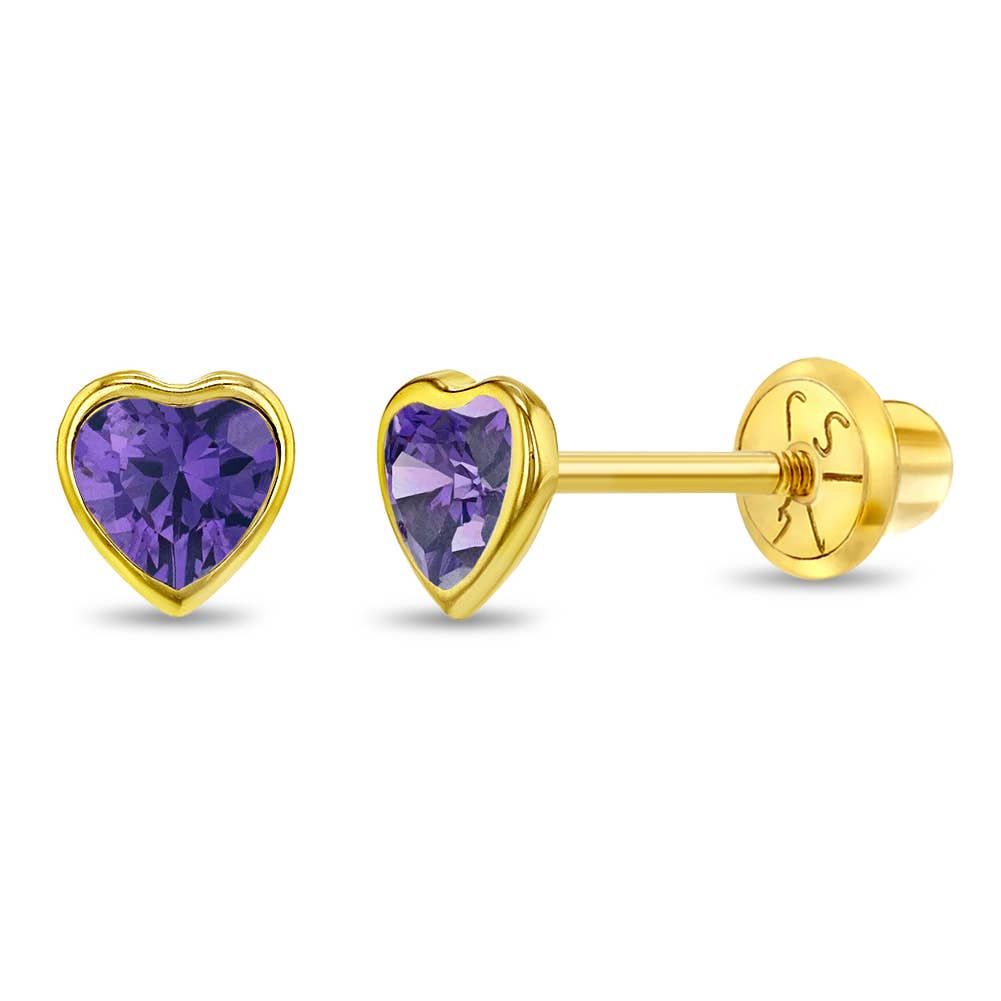 14k Gold Bezel CZ Heart Baby / Toddler / Kids Earrings